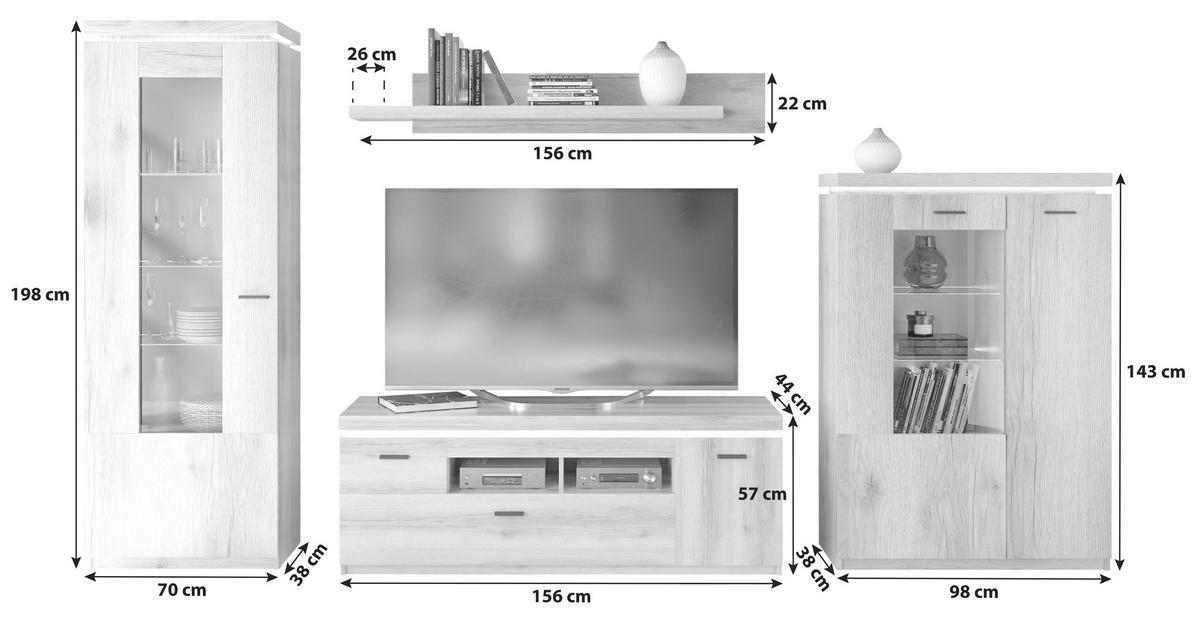 Wohnkombination Modern 4 -teilig. Mit Led Vancouver, Eiche Dekor - Eichefarben, MODERN, Glas/Holzwerkstoff (324/198/44cm)