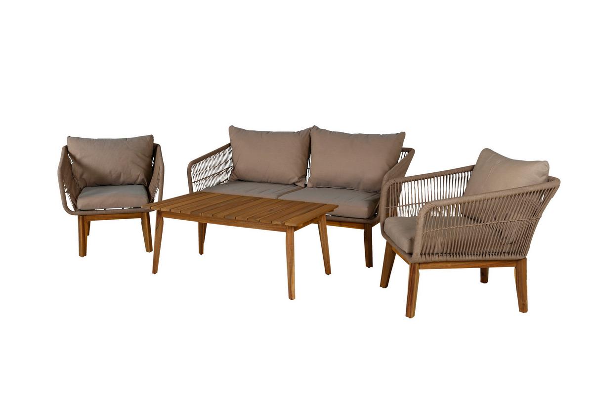 Loungegarnitur 4--Teilig Chania Holz/Metall/Textil mit Kissen - Beige/Akaziefarben, KONVENTIONELL, Holz/Textil - Gardenson