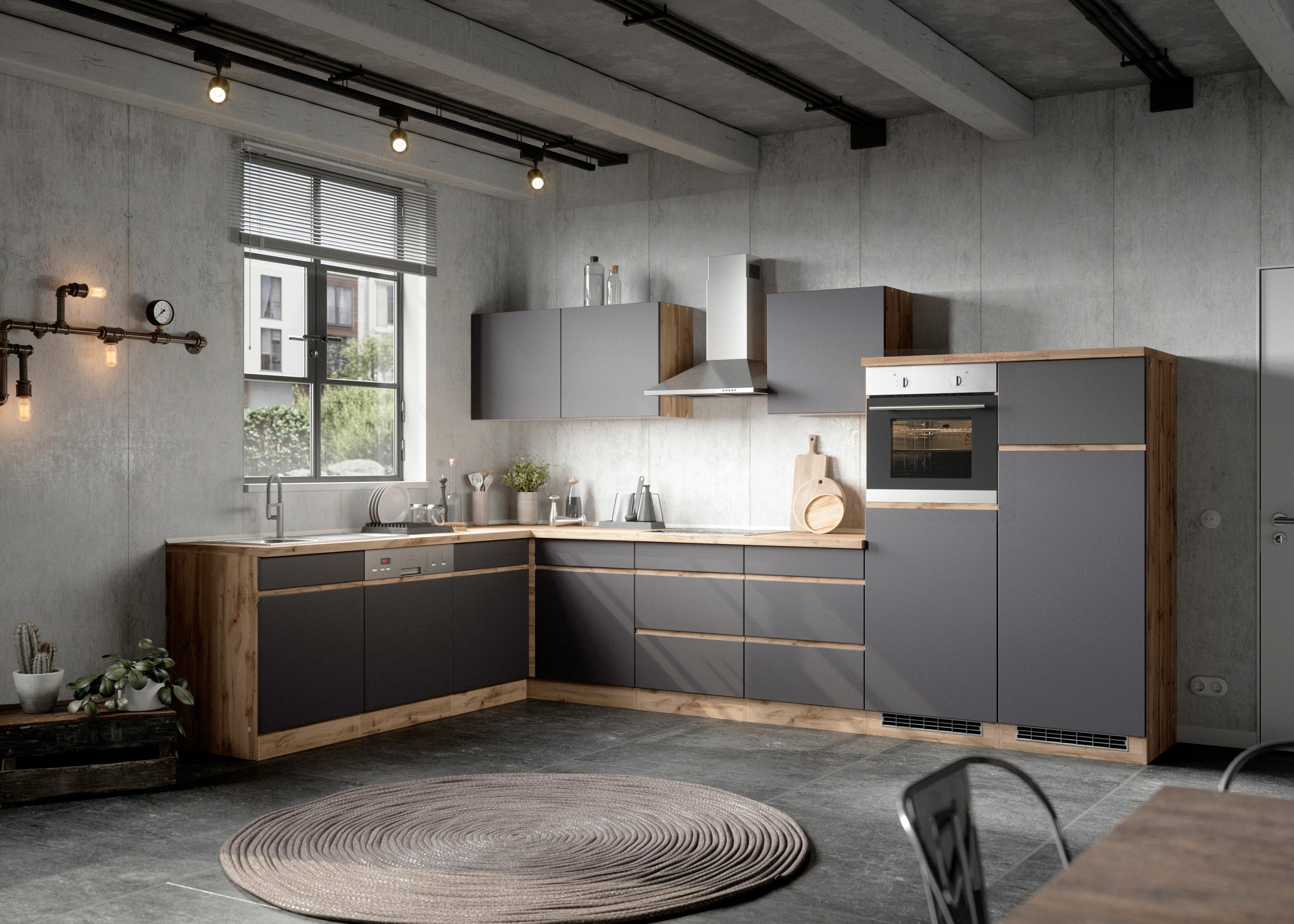 Eckküche Turin mit Geräten 240x360 cm Grau/Eiche Dekor - Eiche Wotan/Grau, Design, Holzwerkstoff (240/360cm) - Held