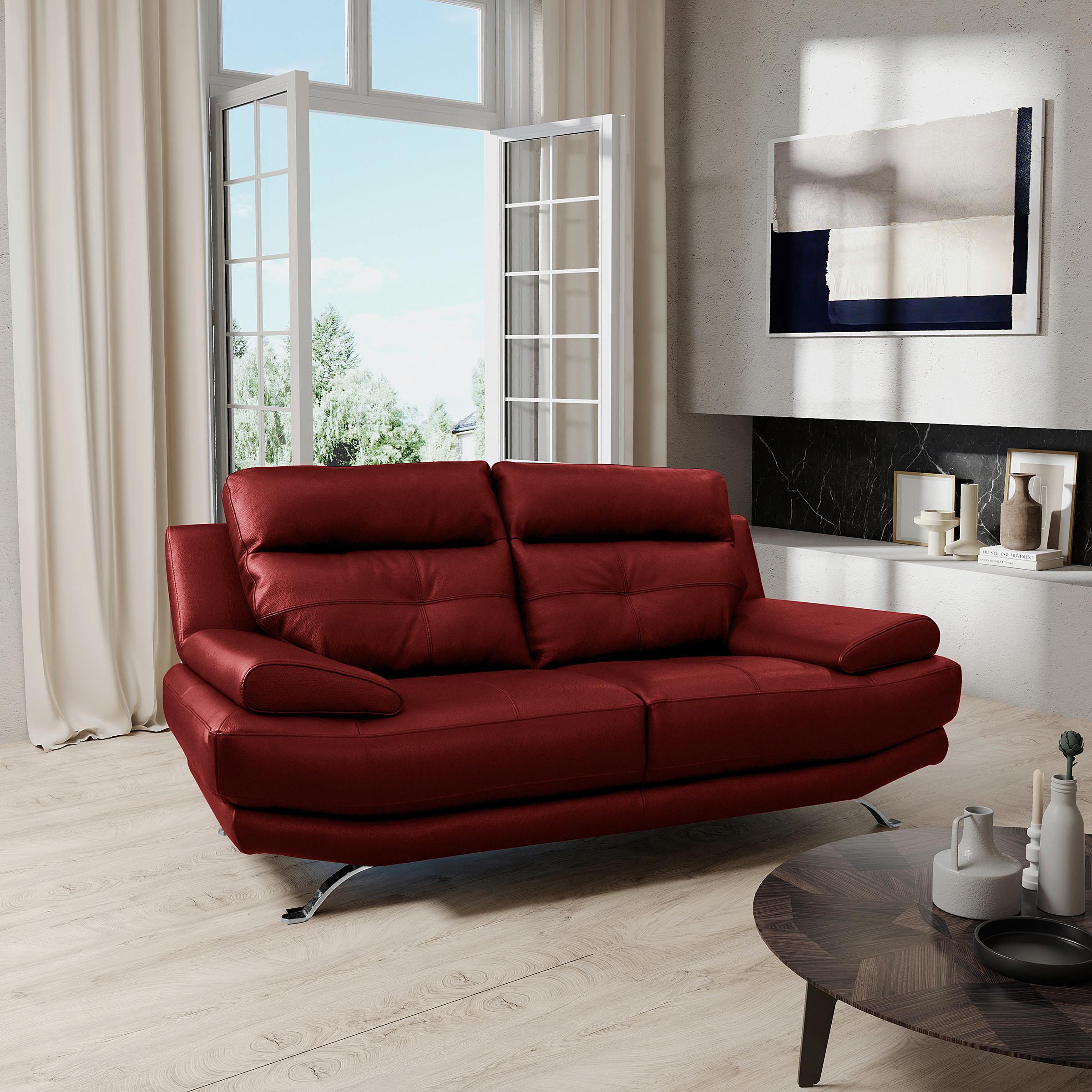 2-Sitzer-Sofa Derby Echtleder rot B: 185 cm - Chromfarben/Rot, Design, Leder (185/92/99cm) - Livetastic
