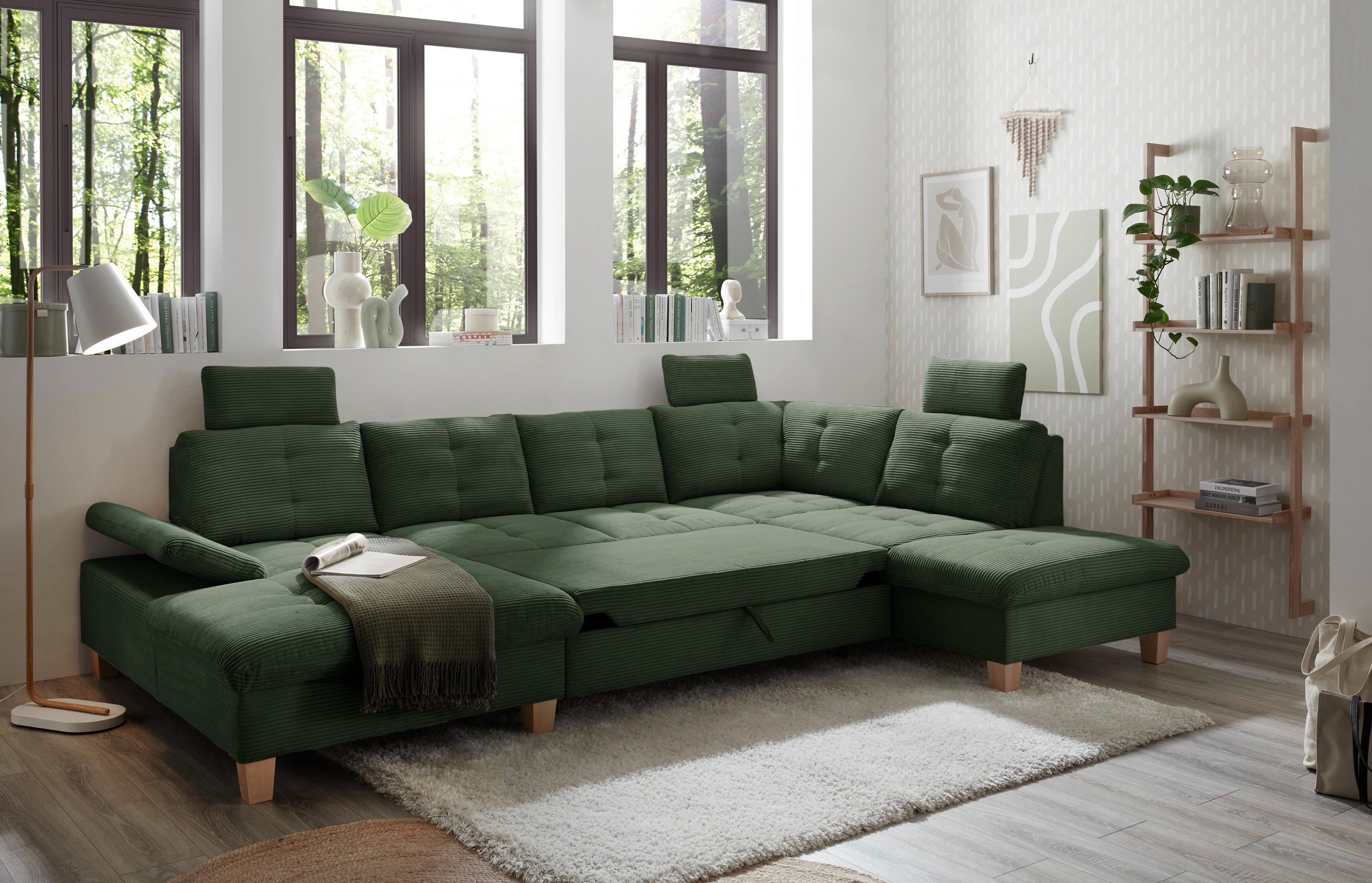 Wohnlandschaft Ascot Dunklegrün U: 170x324x220 cm - Dunkelgrün/Eichefarben, KONVENTIONELL, Textil (170/324/220cm) - MID.YOU