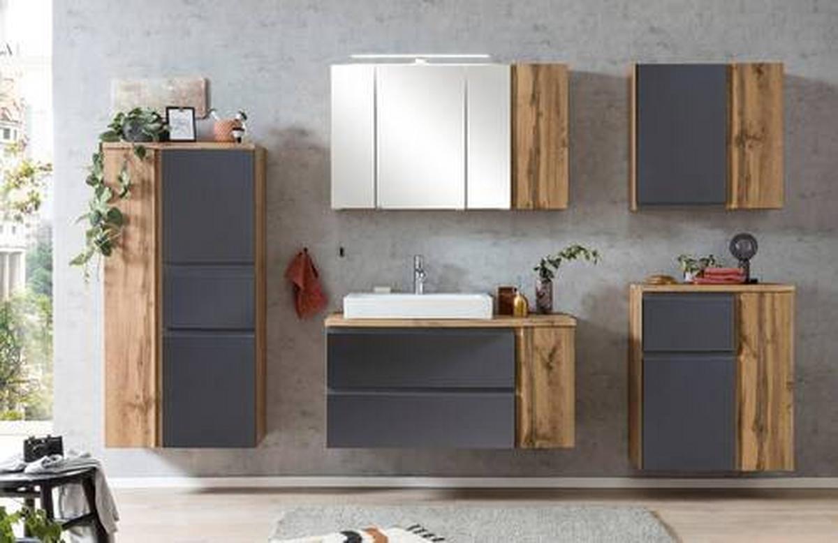Midischrank Varese B: 65 Cm Grau/eiche Wotan - Silberfarben/Eiche Wotan, MODERN, Holzwerkstoff (65/130/35cm) - Held