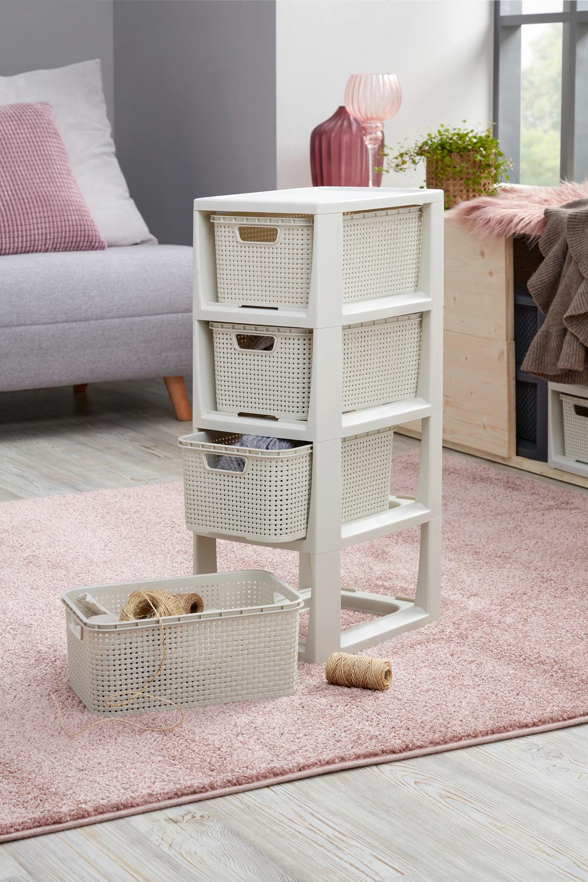 Schubladenbox Rattan Creme , Anthrazit 24,1x29,6x64 cm - Anthrazit/Creme, Basics (24,1/29,6/64cm) - Ondega