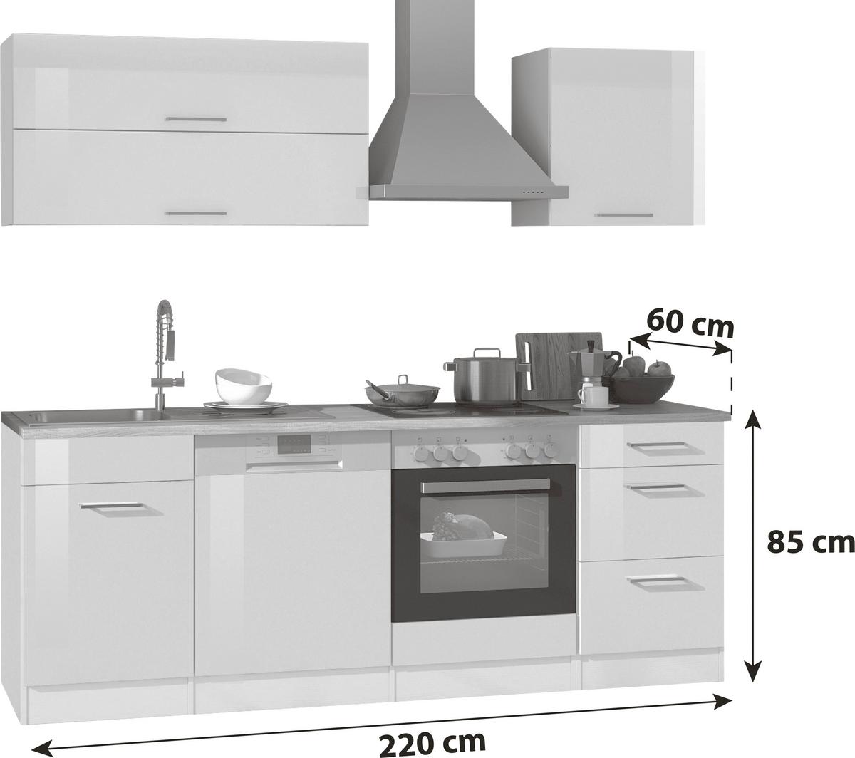 Küchenzeile Mailand mit Geräten 220 cm Weiß Elegant - Eichefarben/Weiß Hochglanz, MODERN, Holzwerkstoff (220cm) - Held