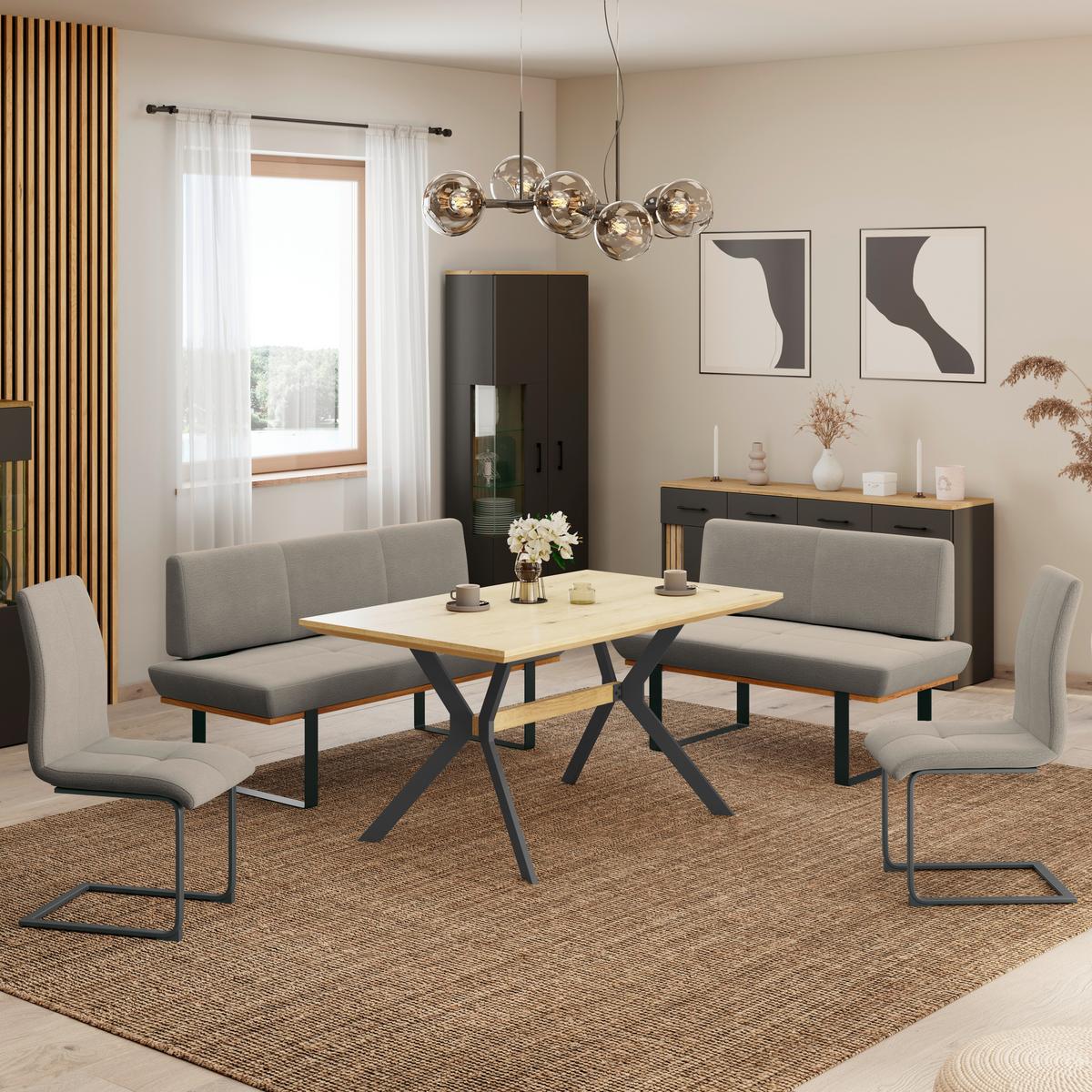 Sitzbank Tristan Webstoff beige, B:170cm - Beige/Schwarz, MODERN, Holz/Textil (170/48/90cm) - James Wood