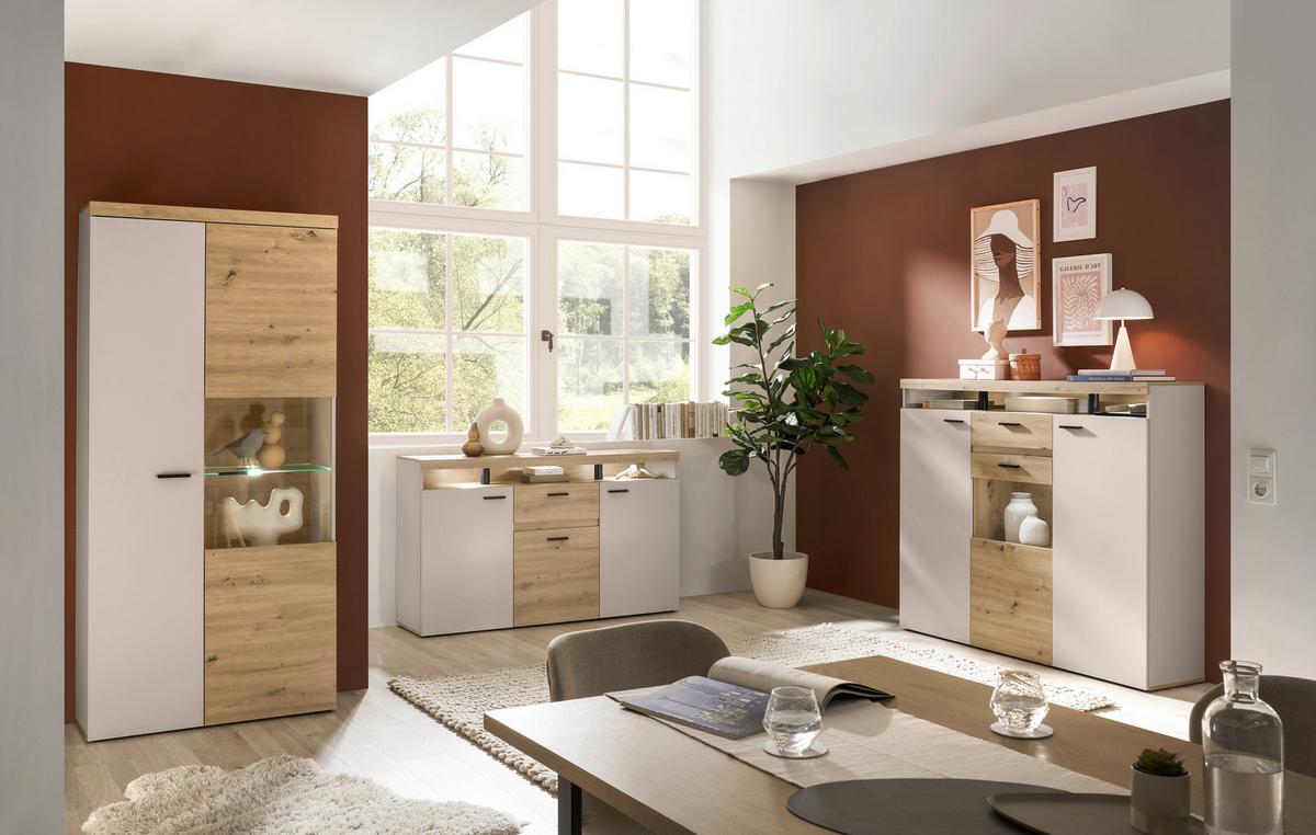 Highboard Strada Giga *ph* Eiche Artisan/Kashmir, B:151cm - Kaschmir/Schwarz, Trend, Glas/Holzwerkstoff (151/129/37cm)