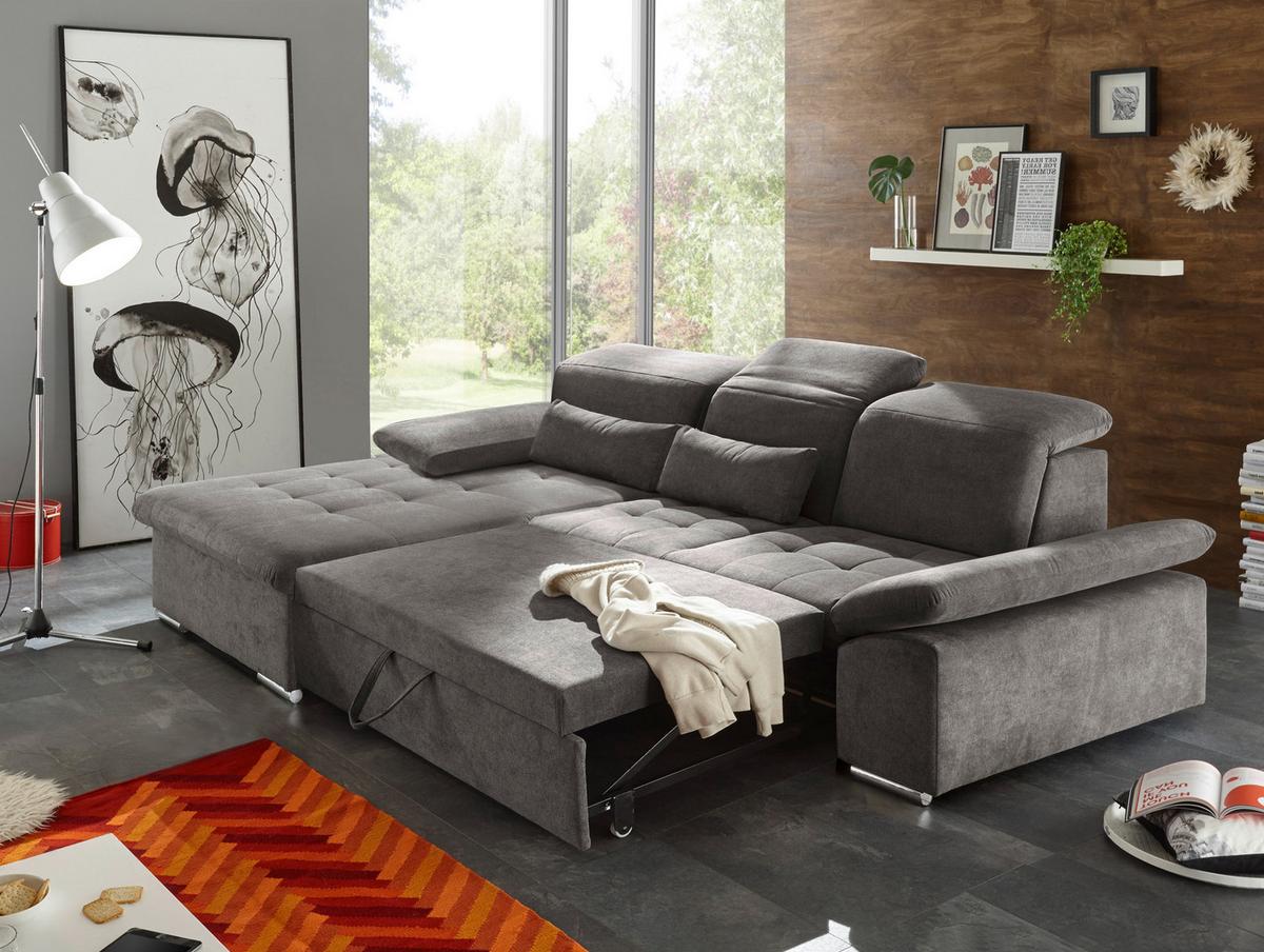 Ecksofa mit Schlaffunktion + Bettkasten Wayne, Webstoff - Dunkelgrau/Silberfarben, KONVENTIONELL, Holzwerkstoff/Textil (188/276cm) - MID.YOU