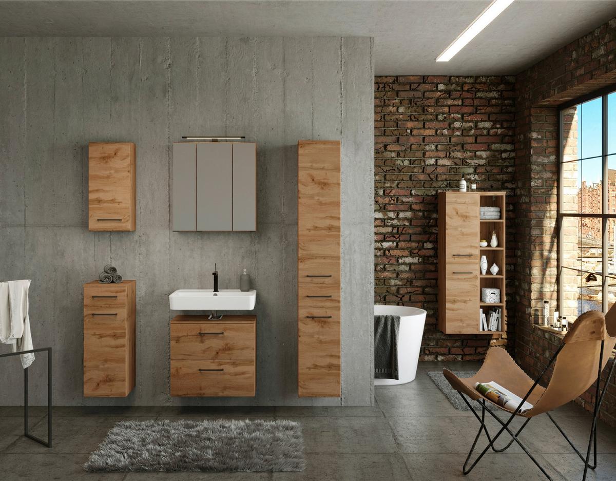 Badmöbel-Set Manchester B: 90 cm Eiche Wotan Dekor - Eichefarben, MODERN, Holzwerkstoff (90cm) - Held