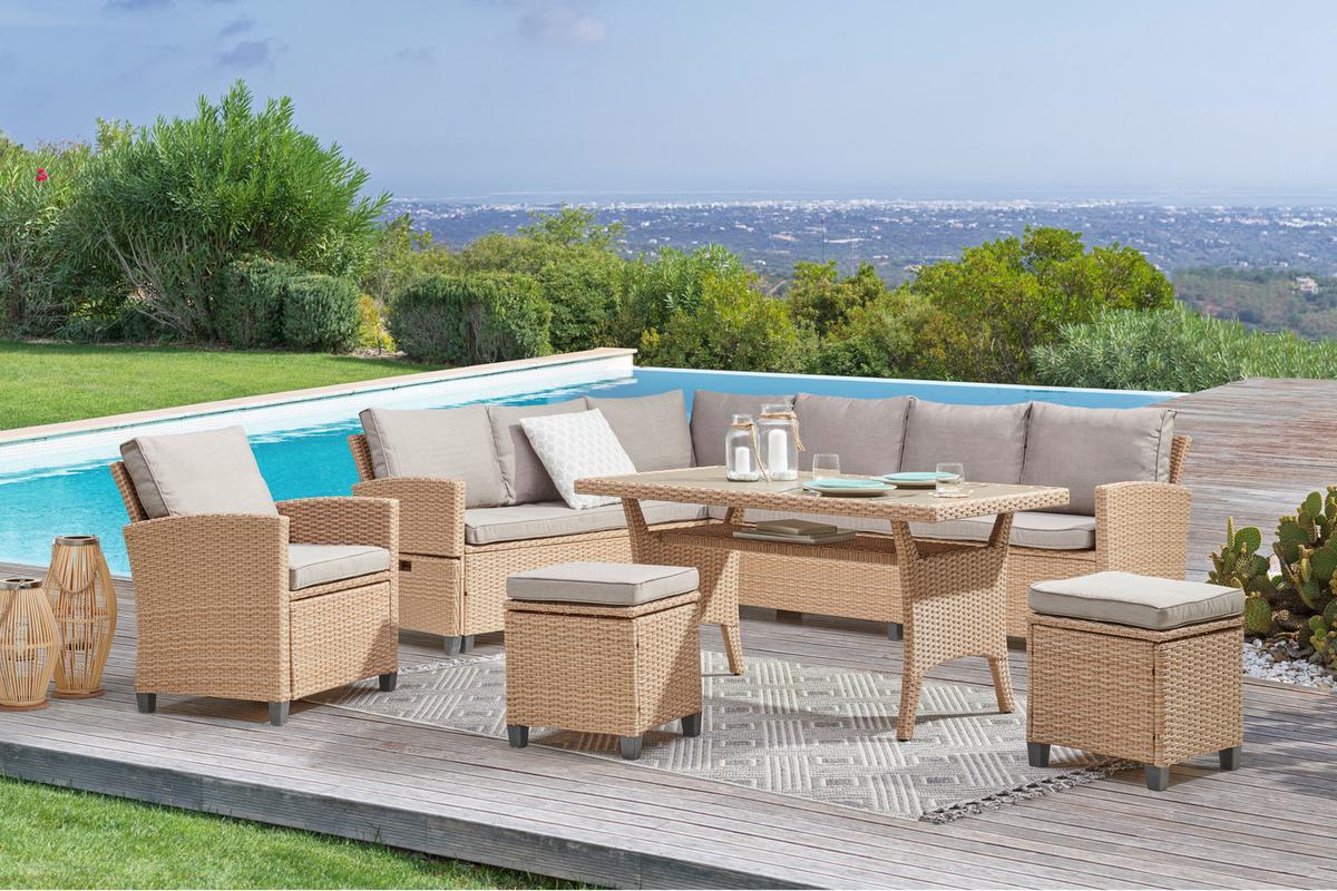 Loungegarnitur 6-tlg. Porto- Multi, Polyrattan Mit Kissen - Hellbraun/Grau, MODERN, Kunststoff/Textil (190/237cm) - Beldano