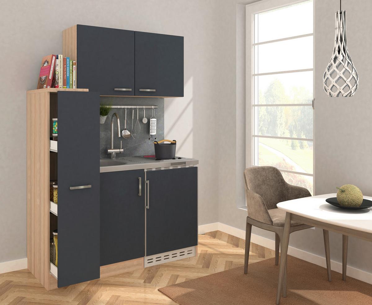 Miniküche mit Kühlschrank + Kochfeld 130 cm Grau/Eiche - Eichefarben/Grau, MODERN, Holzwerkstoff/Metall (130cm) - Respekta