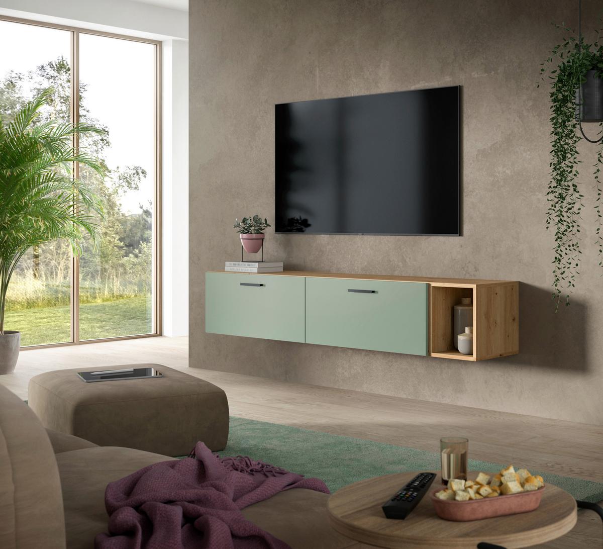 Wohwand, The One Olivgrün/artisan Eiche Dekor - Schwarz/Olivgrün, Trend, Holzwerkstoff (75/32/32/77/33cm)