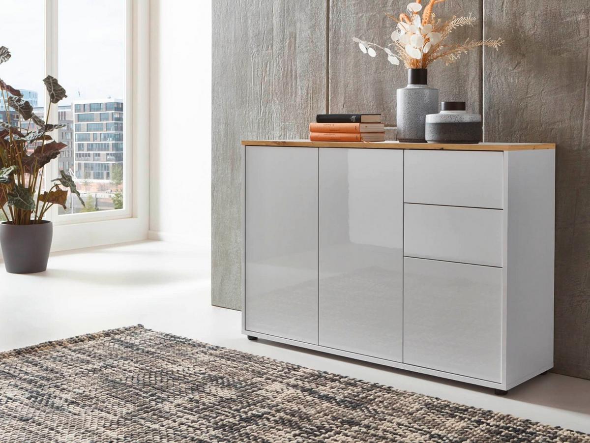 Sideboard Mailand Weiß/ Weiß Hg/eiche Dekor B: 184,5cm - Weiß Hochglanz/Schwarz, MODERN, Holzwerkstoff (184,5/73/33cm) - MID.YOU