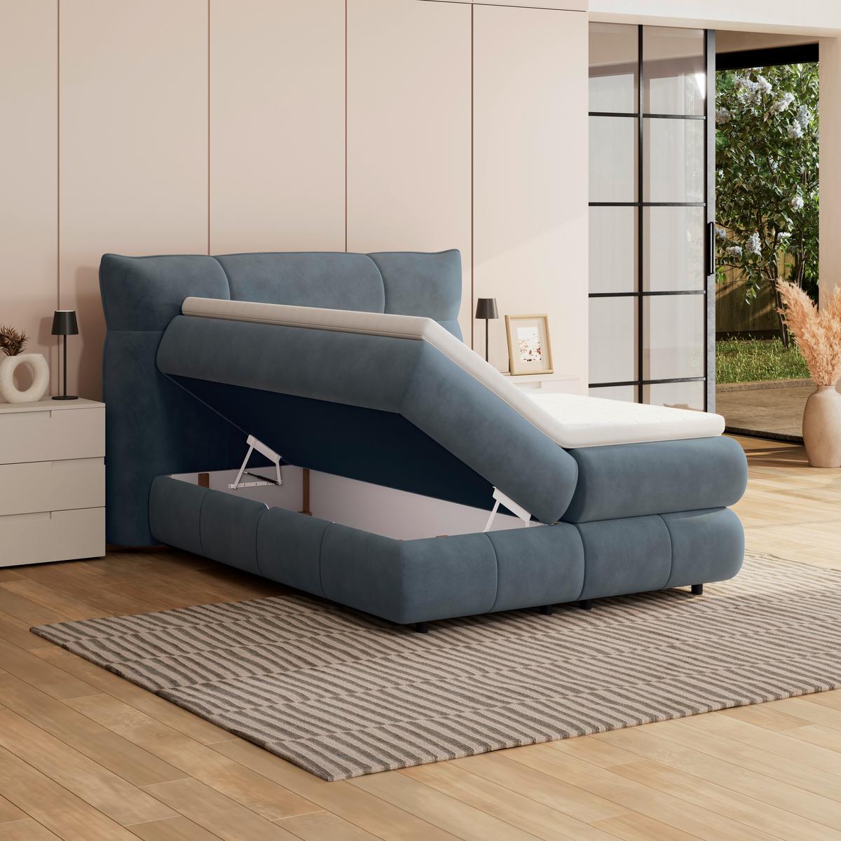 Boxspringbett Carmelo Blaugrün 140x200 cm H4 - Schwarz/Grün, Trend, Textil (140/200cm)