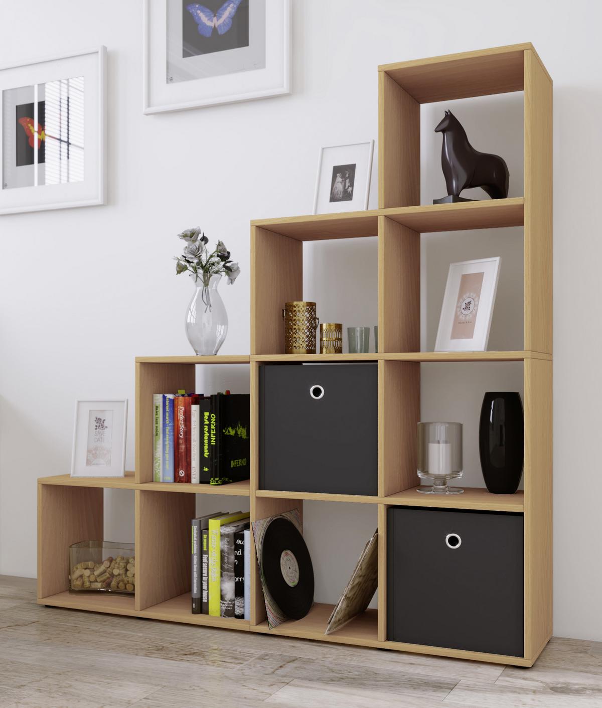 Regál na dekorácie Napoli š: 142,5 cm buk - čierna/farba buka, Konventionell, kompozitné drevo/plast (142,5/138,5/29cm) - MID.YOU