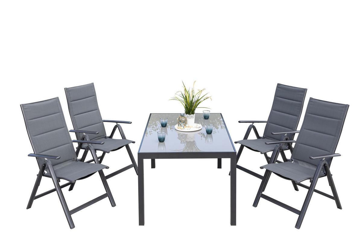 Gartengarnitur 5-Tlg. Taviano Metall/Textil/Glas - Graphitfarben/Grau, ROMANTIK / LANDHAUS, Glas/Textil - Gardenson