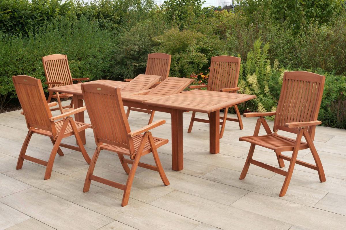 Gartentischgruppe Maracaibo 7 -teilig. Naturfarben - Eukalyptusholzfarben, KONVENTIONELL, Holz - Gardenson