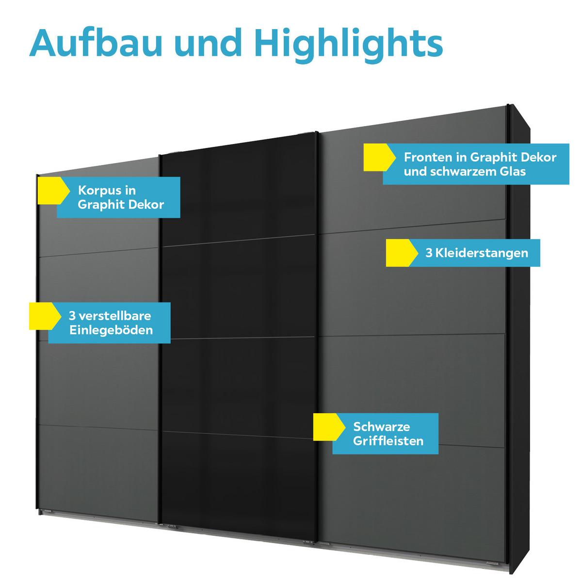 Schwebetürenschrank 270cm Ernesto, Graphit - Graphitfarben/Schwarz, Basics, Holzwerkstoff (270/210/65cm) - Livetastic