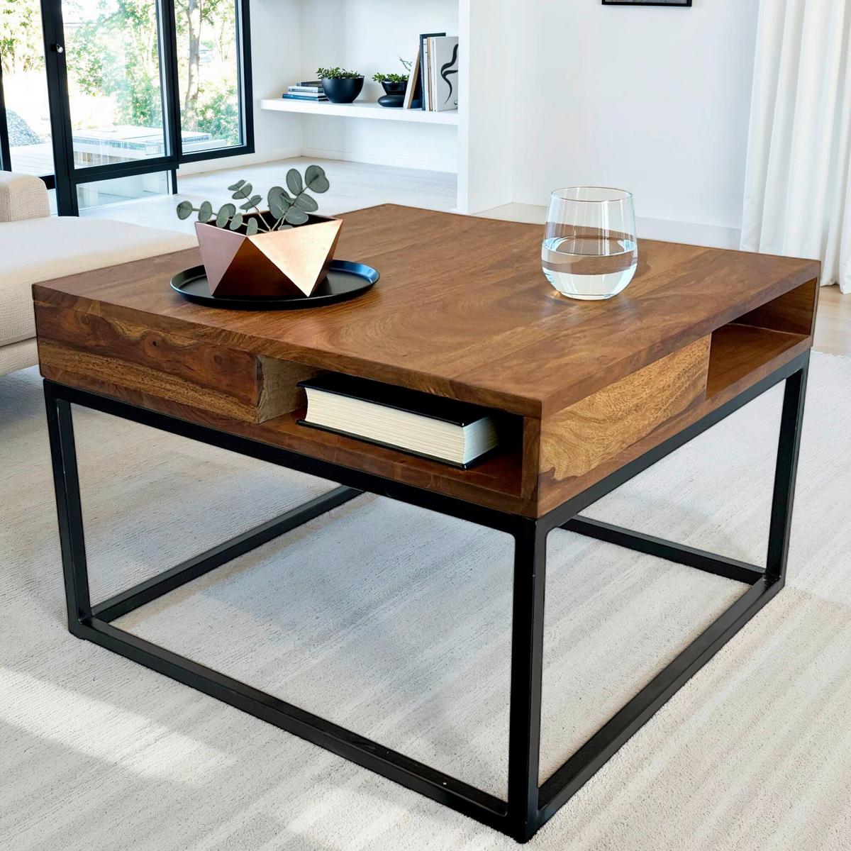 Couchtisch Sheeshamfarben B: 60 cm - Sheeshamfarben/Schwarz, Natur, Holz/Metall (60/60/40cm) - Livetastic