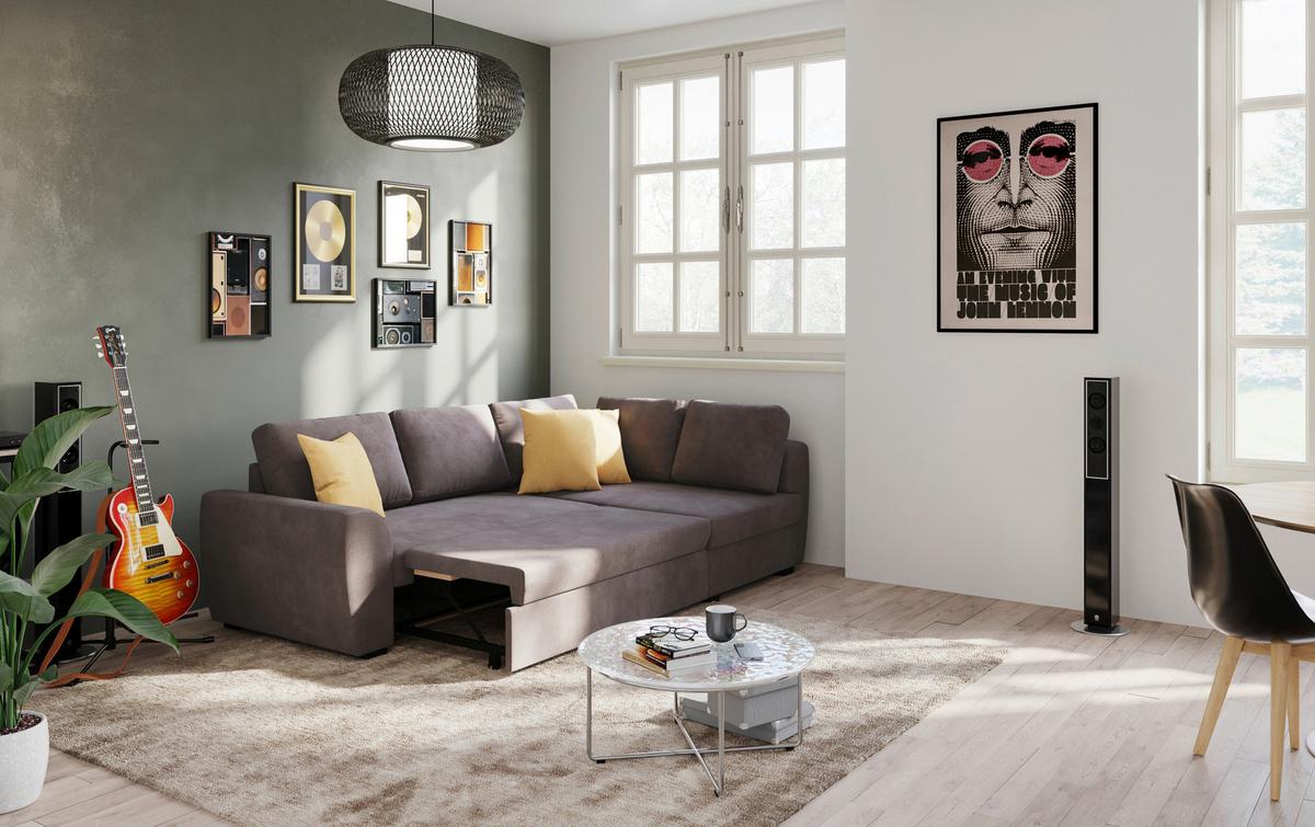 Ecksofa mit Bettfunktion Drift Microfaser braun, B: 253cm - Schwarz/Braun, Trend, Textil (253/154cm)