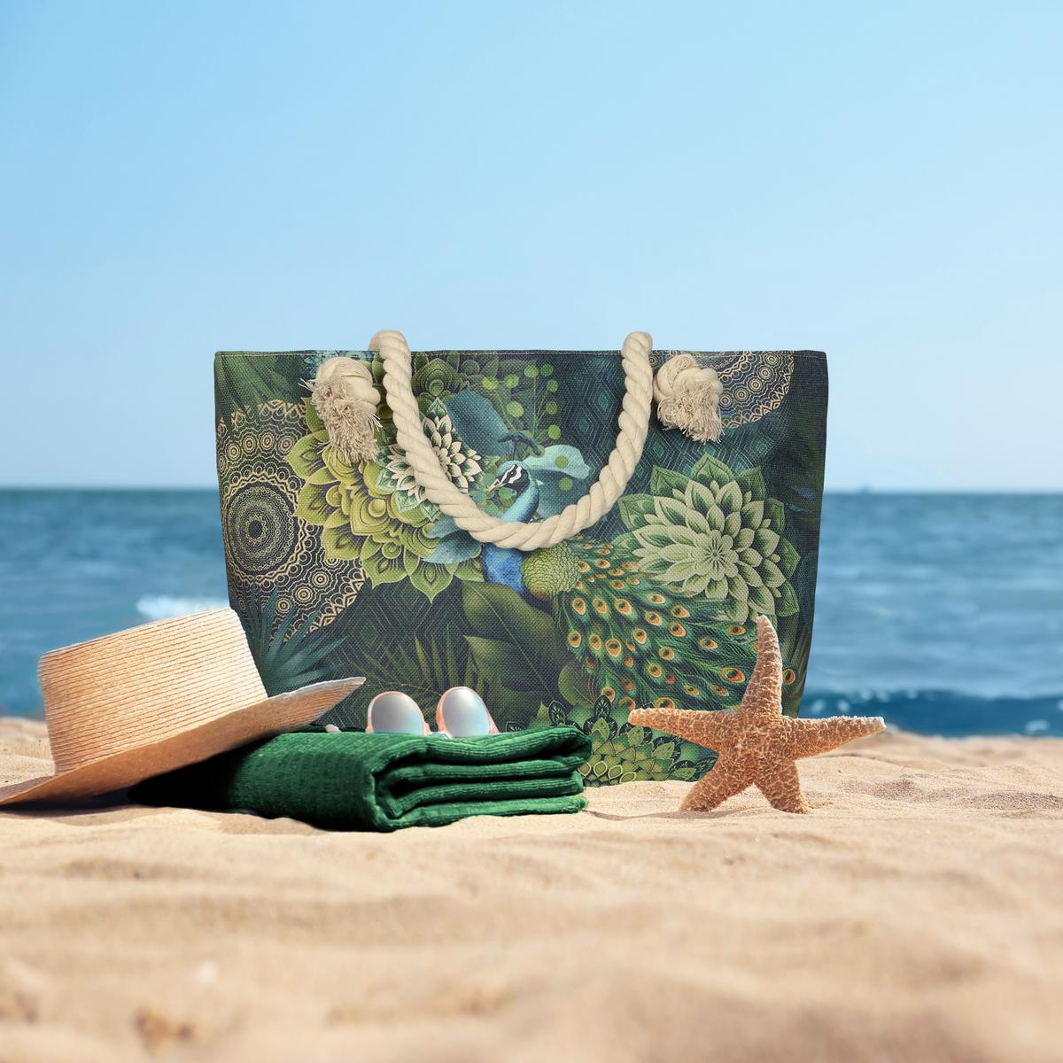 STRANDTASCHE AGATHA - Dunkelgrün/Grün, Basics, Textil (60/43cm)