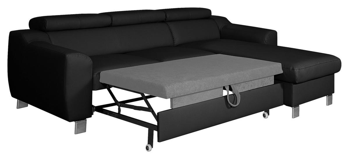 Ecksofa Aspen Mit Bettkasten Lederlook Schwarz 242x176 Cm - Chromfarben/Schwarz, Design, Leder/Textil (242/176cm) - Livetastic