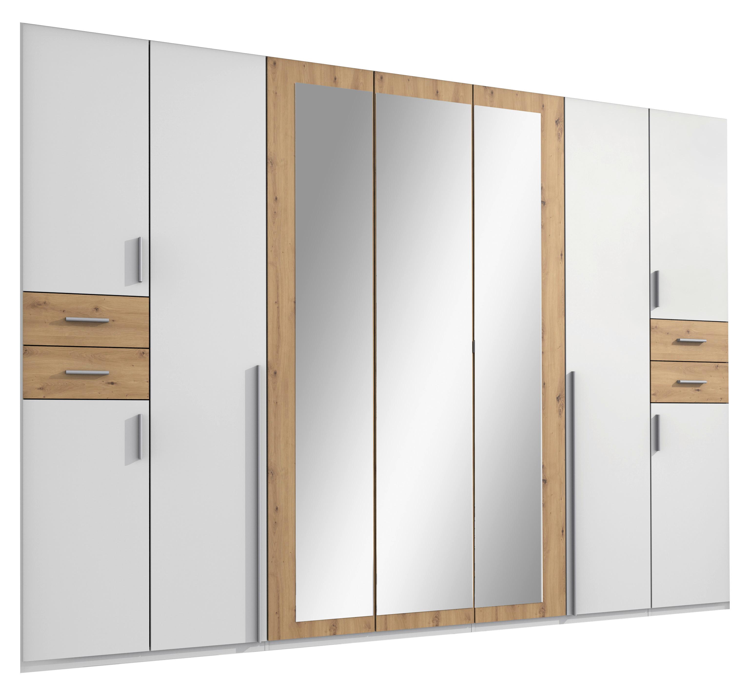 Drehtürenschrank mit Spiegel + Laden B: 313 cm Vegas, Weiß