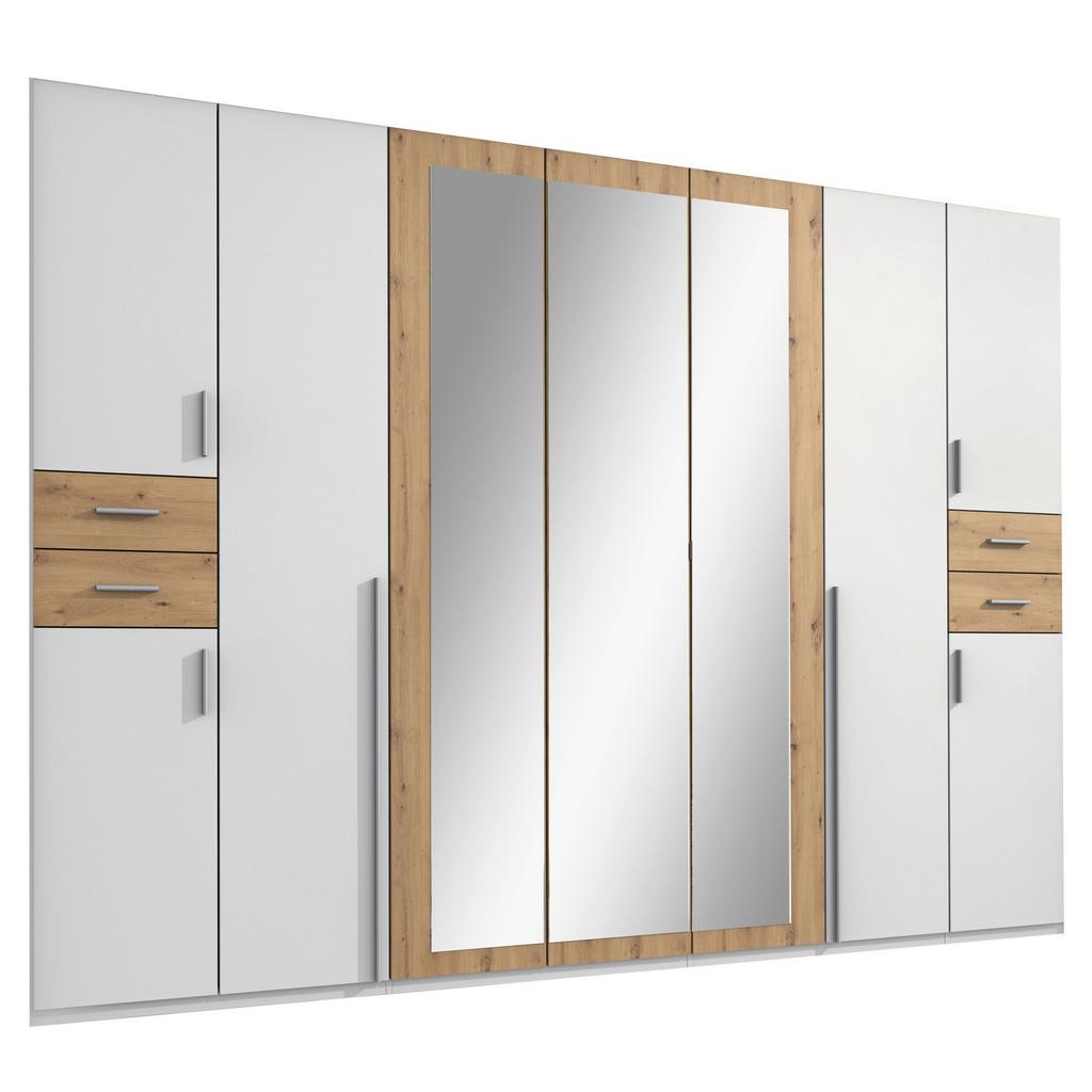 Drehtürenschrank mit Spiegel + Laden B: 313 cm Vegas, Weiß