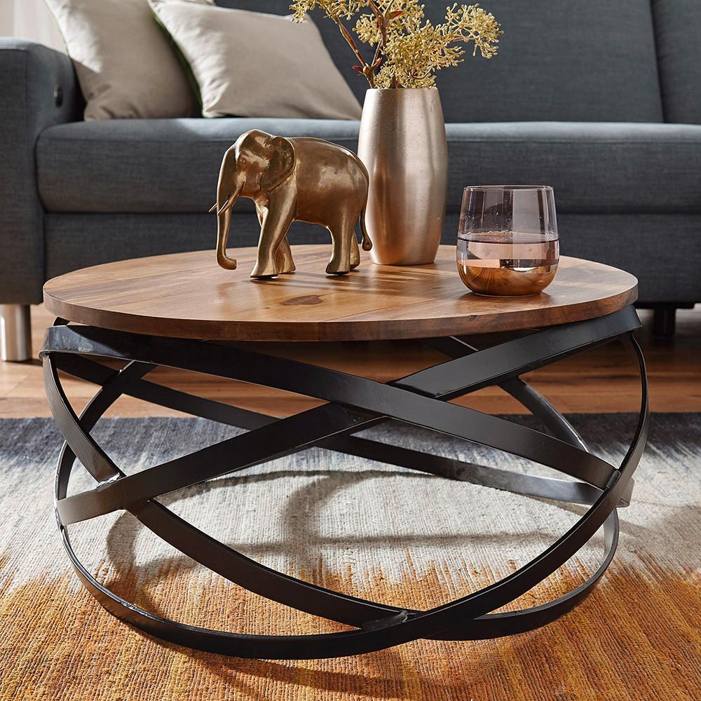 Couchtisch Rund Mit Holzplatte Manur, Sheesham/schwarz - Sheeshamfarben/Schwarz, Design, Holz/Metall (60/60/30cm) - MID.YOU
