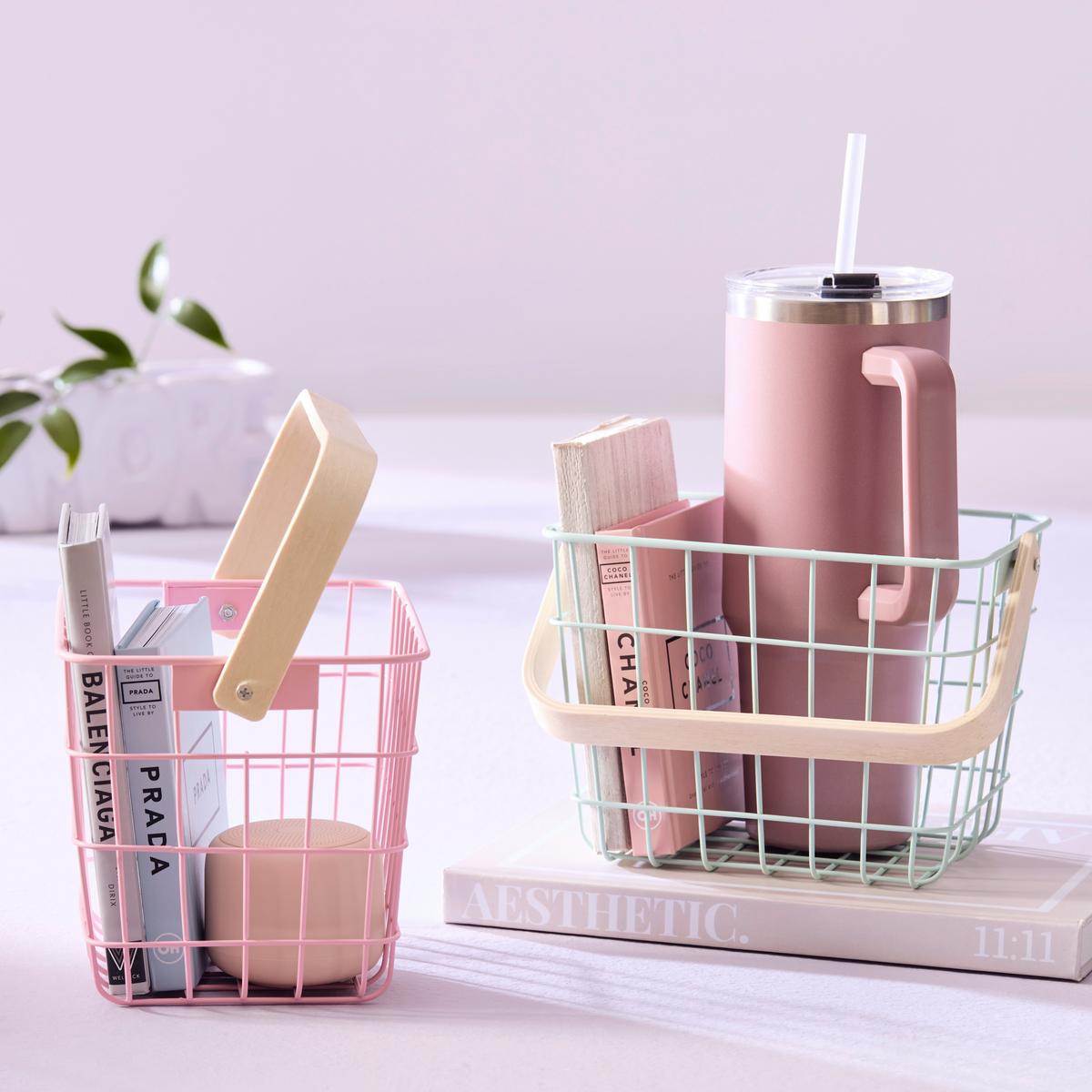 Košík LINUS - prírodná farba/ružová, kov/drevo (20/15/15cm) - Mömax