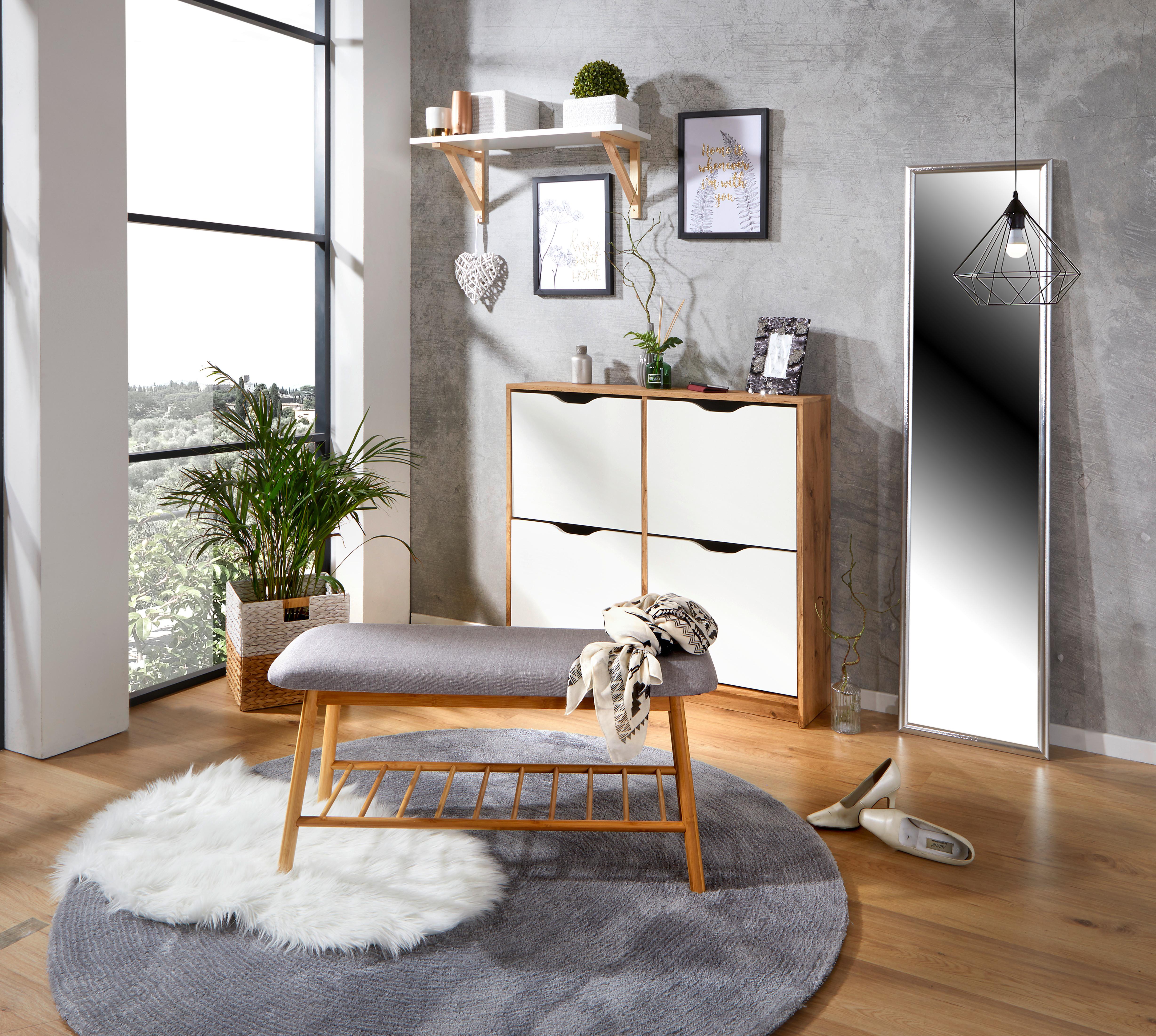 Garderobenbank Hagen B: 90cm Ablage, Grau/Bambus - Naturfarben/Grau, MODERN, Holz/Textil (90/44/34cm) - Ondega