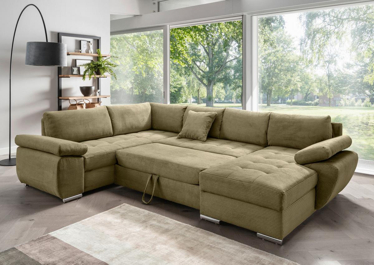 Wohnlandschaft Terana mit Schlaffunktion, Olivgrün - Chromfarben/Olivgrün, KONVENTIONELL, Textil (219/305/157cm) - Livetastic