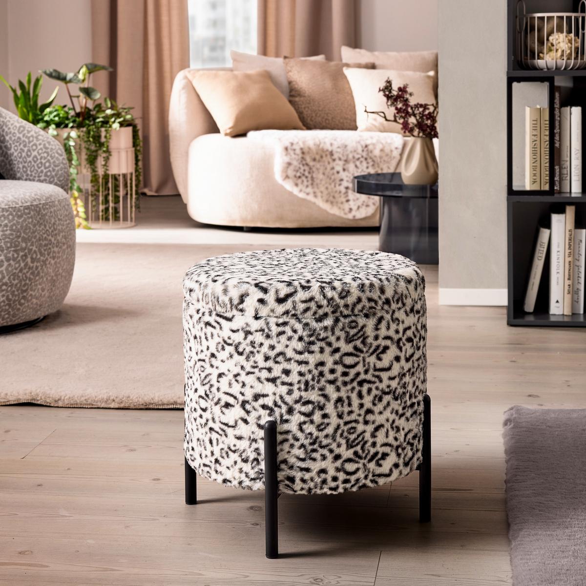 Leopardia taburetka LEO, biela/čierna umelá kožušina - čierna/biela, Lifestyle, kov/kompozitné drevo (38/43/38cm) - Mömax