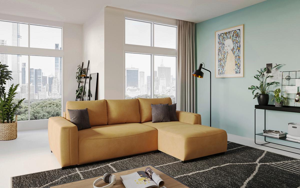 Ecksofa mit Bettfunktion Giro Mikrofaser senfgelb, B: 252cm - Senfgelb/Schwarz, Trend, Textil (252/170cm) - MID.YOU