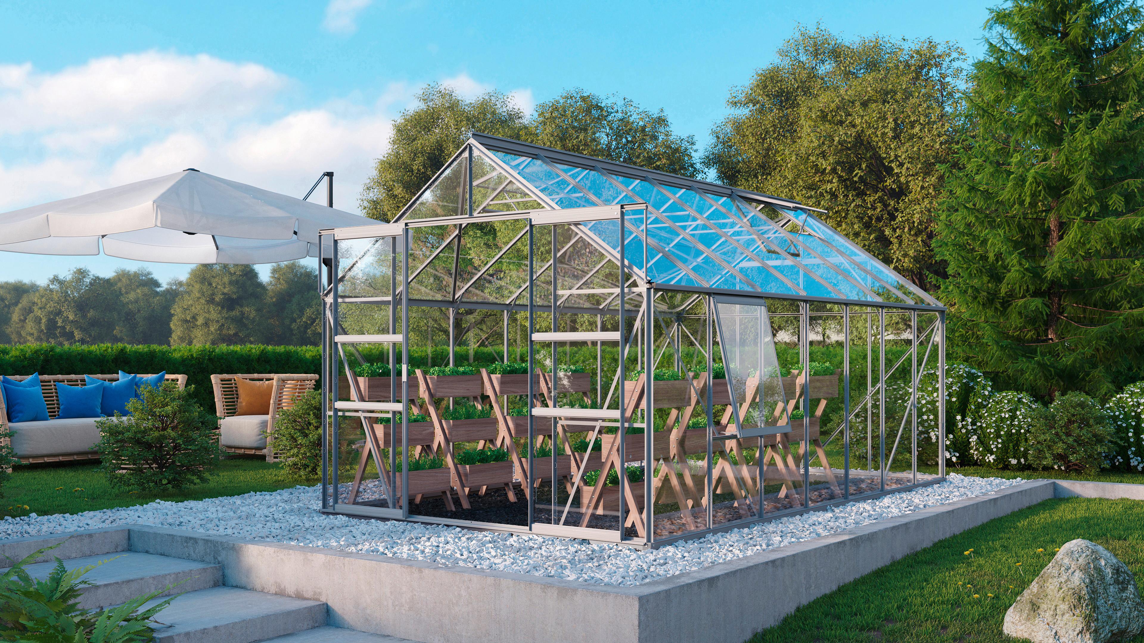 Gewächshausbausatz Meridian 2 11500 11,5 M2 Glas/metall - Alufarben, Basics, Glas/Metall (257/231,8/445cm)