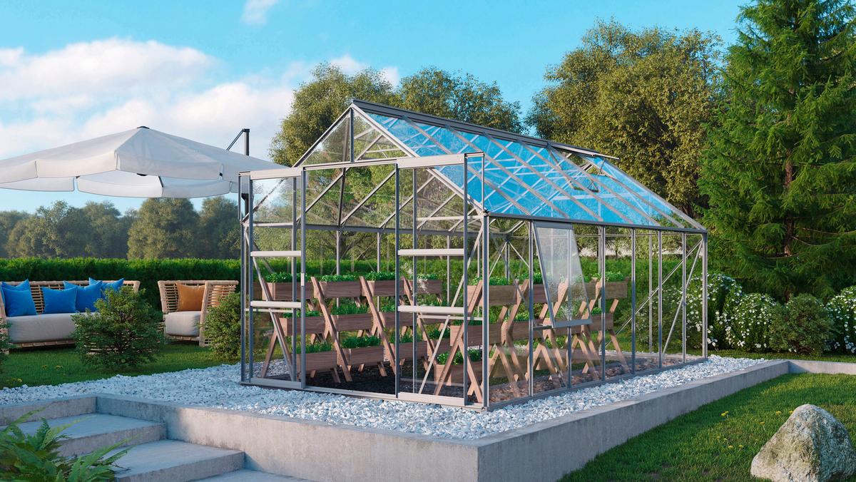 Gewächshausbausatz Meridian 2 11500 11,5 M2 Glas/metall - Alufarben, Basics, Glas/Metall (257/231,8/445cm)