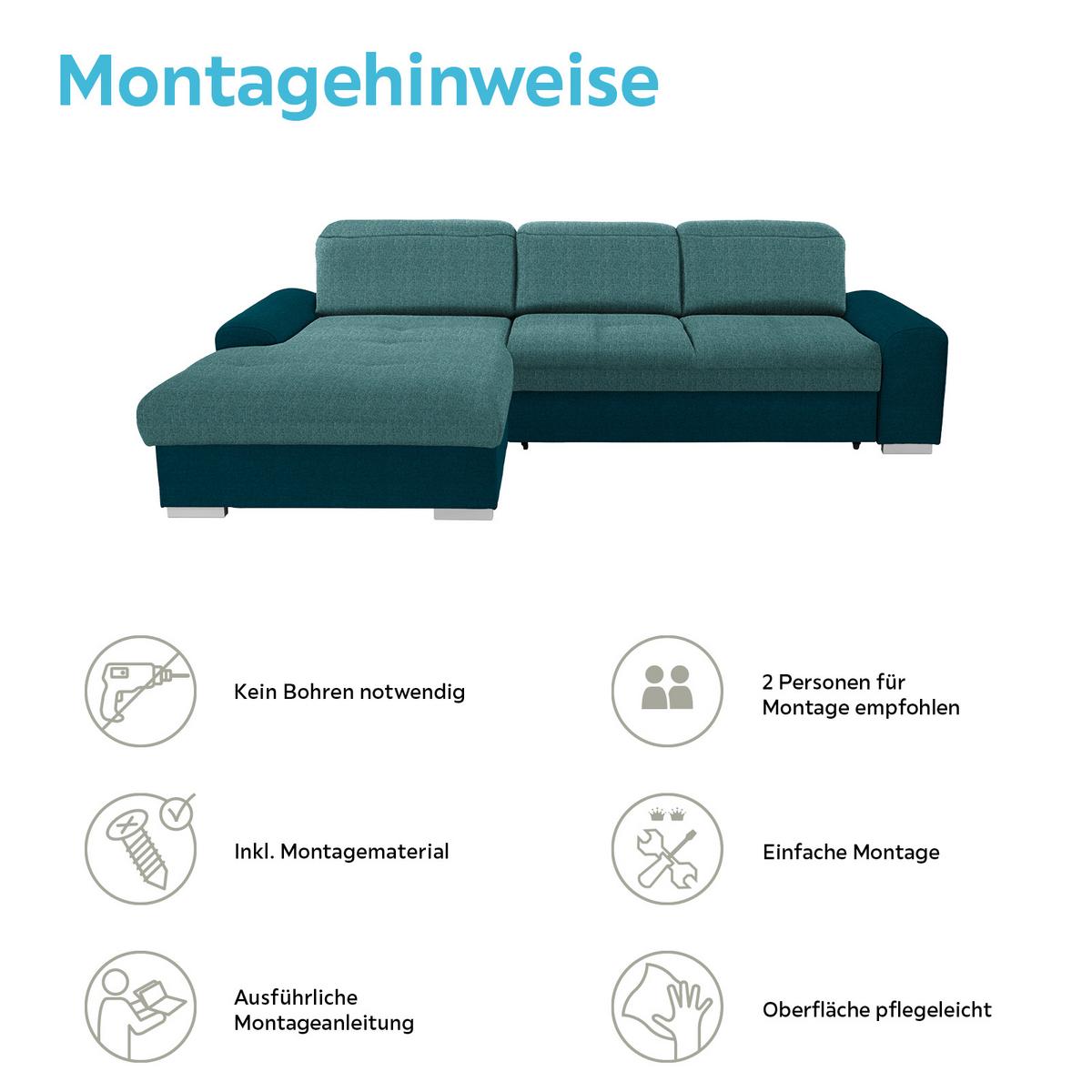 Ecksofa mit Schlaffunktion + Bettkasten Malaga, Webstoff - Türkis/Blau, KONVENTIONELL, Textil (203/286cm) - Ondega