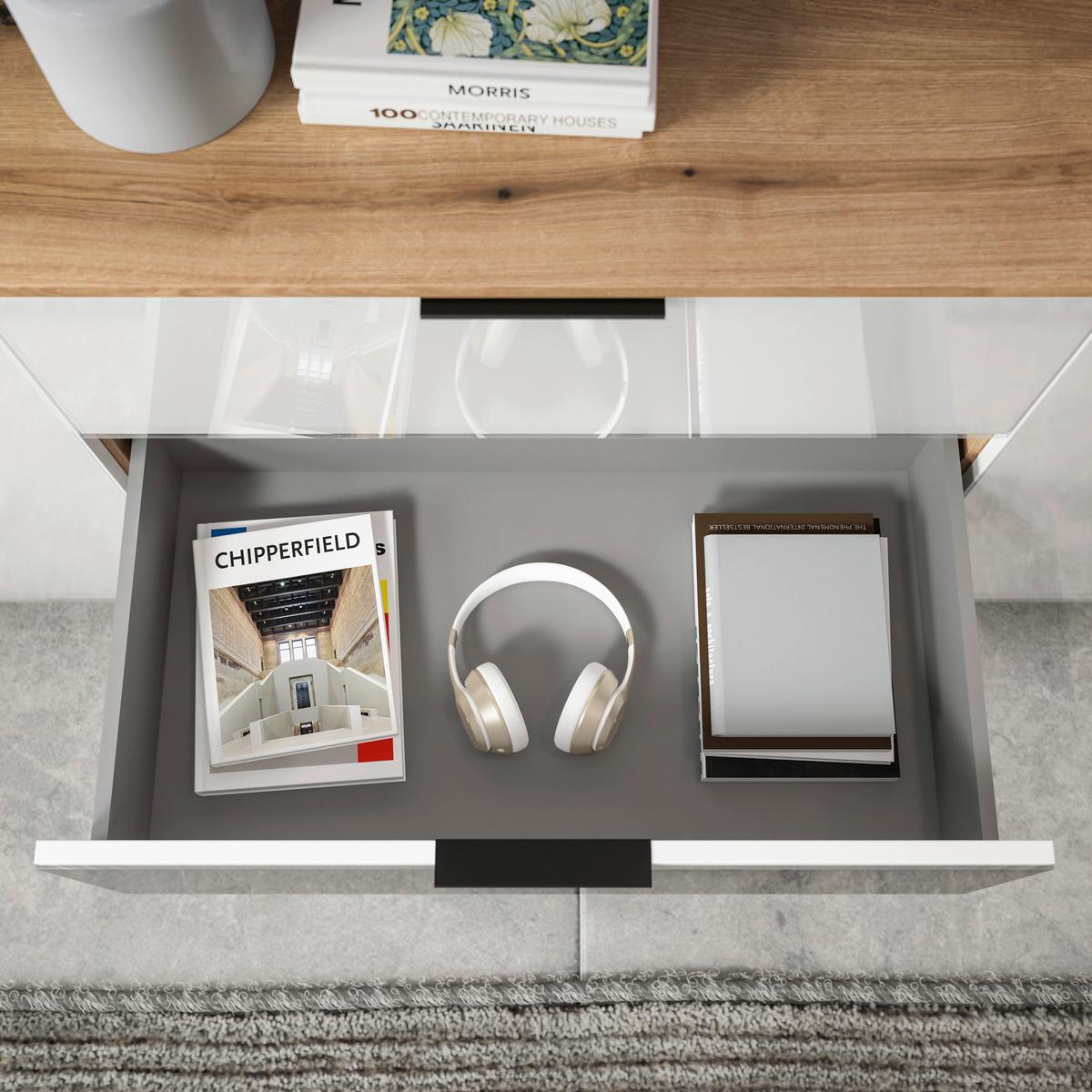 TV-Lowboard Austin 225 cm Eichefarben/Glasfront Weiss - Eichefarben/Schwarz, Trend, Glas/Holzwerkstoff (225/63/40cm)