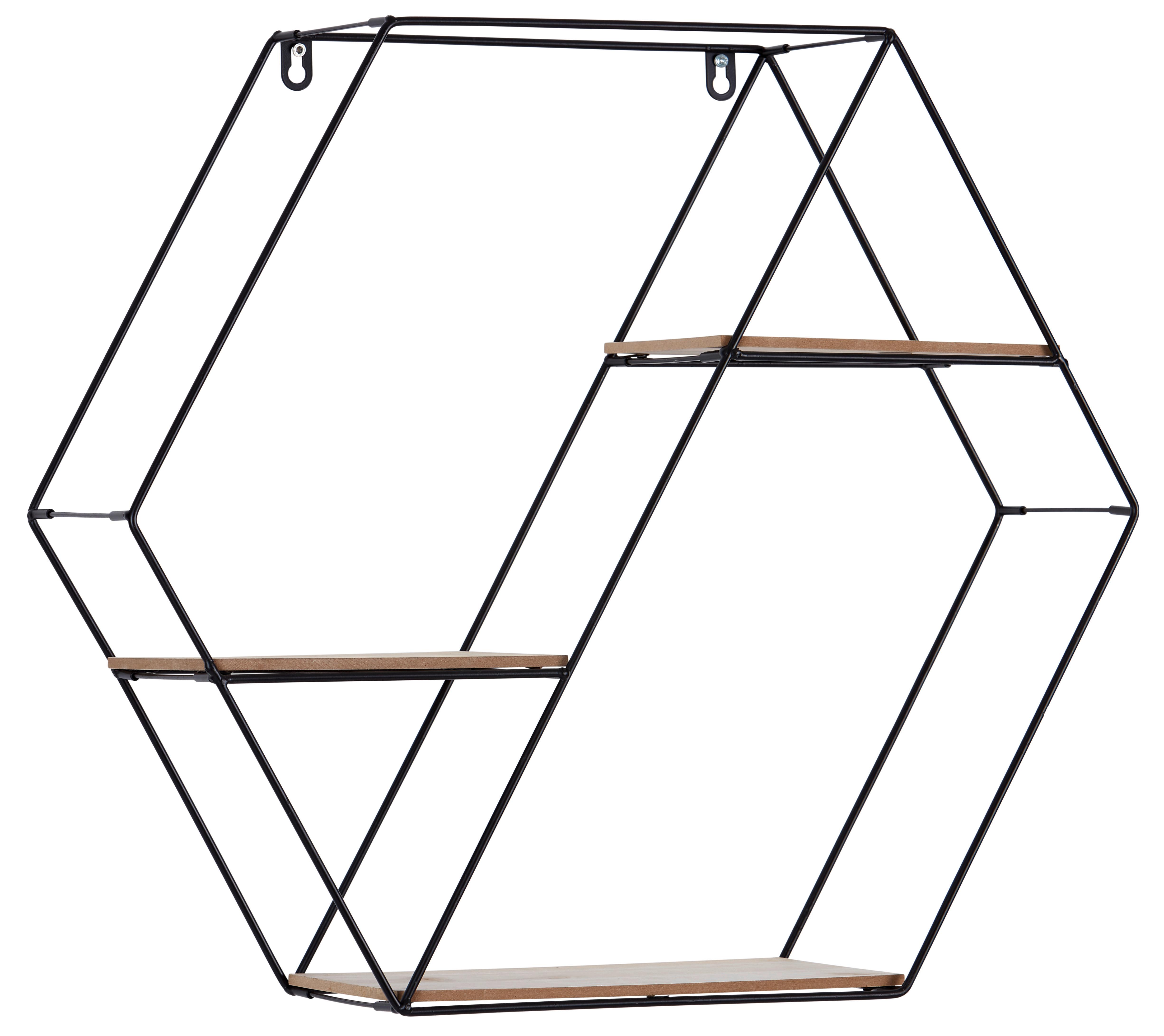 Wandregal Rom B: 58 cm Schwarz Metall/Holzdekor 3 Fächer