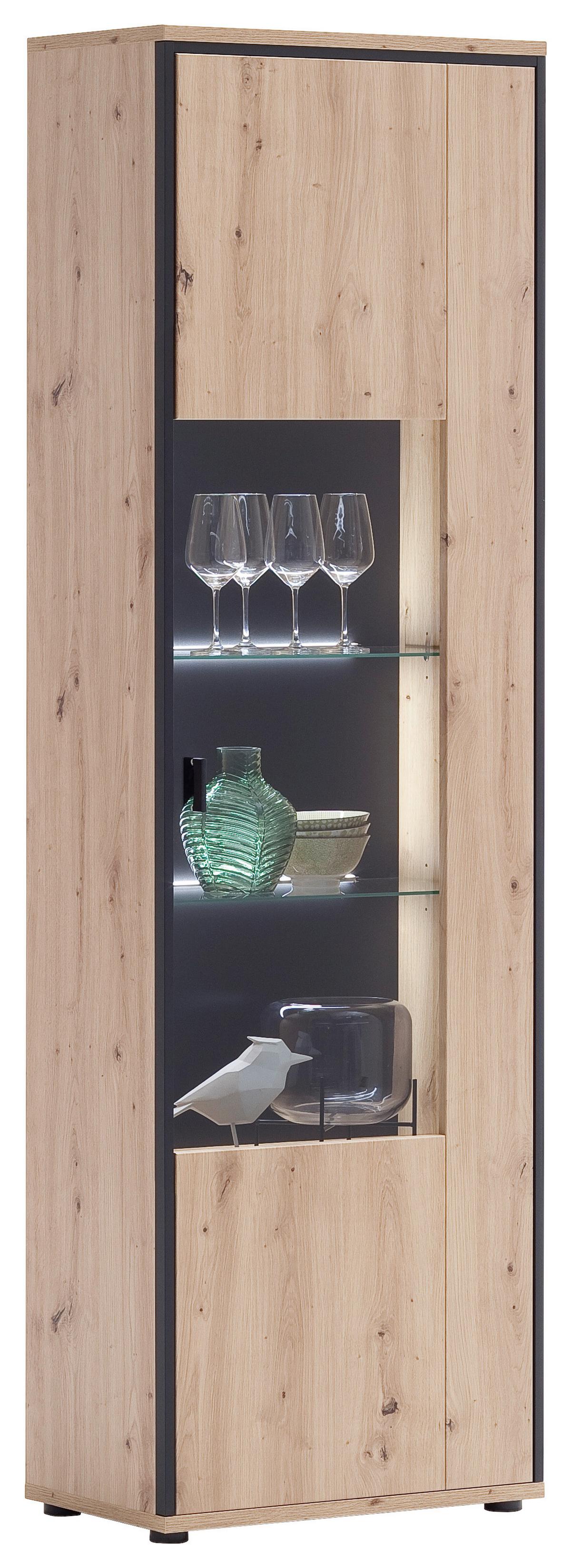 Vitrine Buenos Aires B: 63 cm Anthrazit/Eichefarben - Klar/Eichefarben, Design, Glas/Holzwerkstoff (63/210/38cm) - MID.YOU