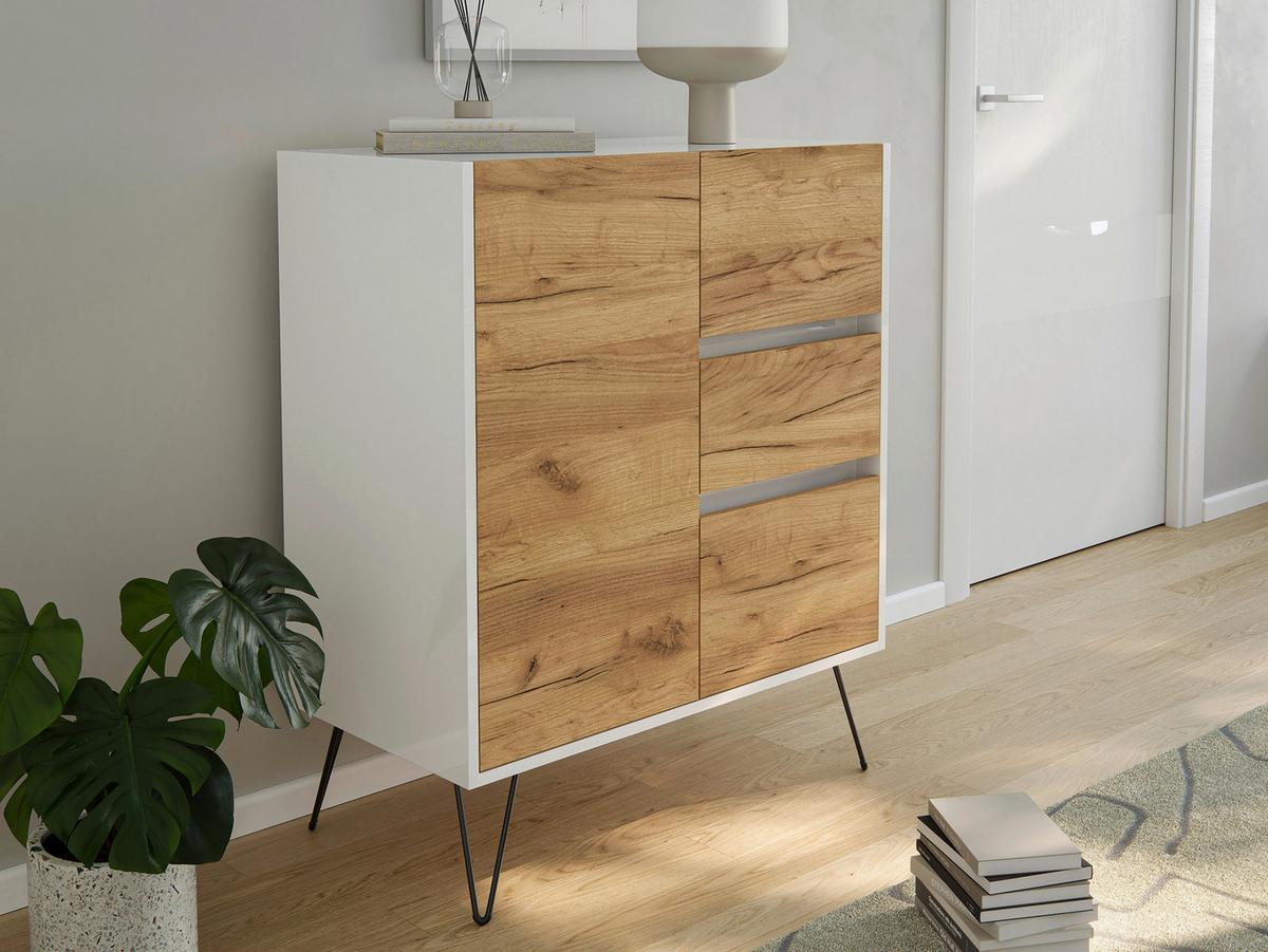 Sideboard Posseik Industrial Weiß/eichef. B: 76 Cm - Eichefarben/Weiß Hochglanz, Design, Holzwerkstoff (76/93,6/42cm) - P & B