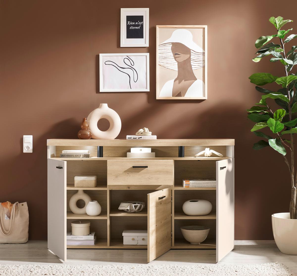 Sideboard Strada Giga *ph* Eiche Artisan/Kashmir, B:151cm - Kaschmir/Schwarz, Trend, Glas/Holzwerkstoff (151/89/37cm)