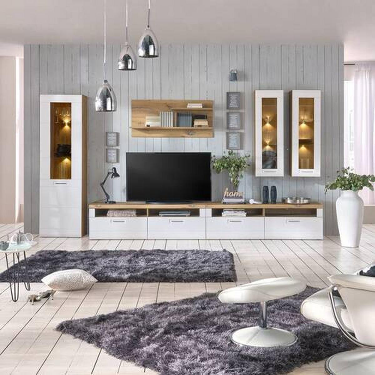 Wohnkombination 6-Tlg. Auris, Weiß/Eiche Dekor - Eichefarben/Weiß, MODERN, Glas/Holzwerkstoff (386,4/204,2/49,6cm) - Luca Bessoni