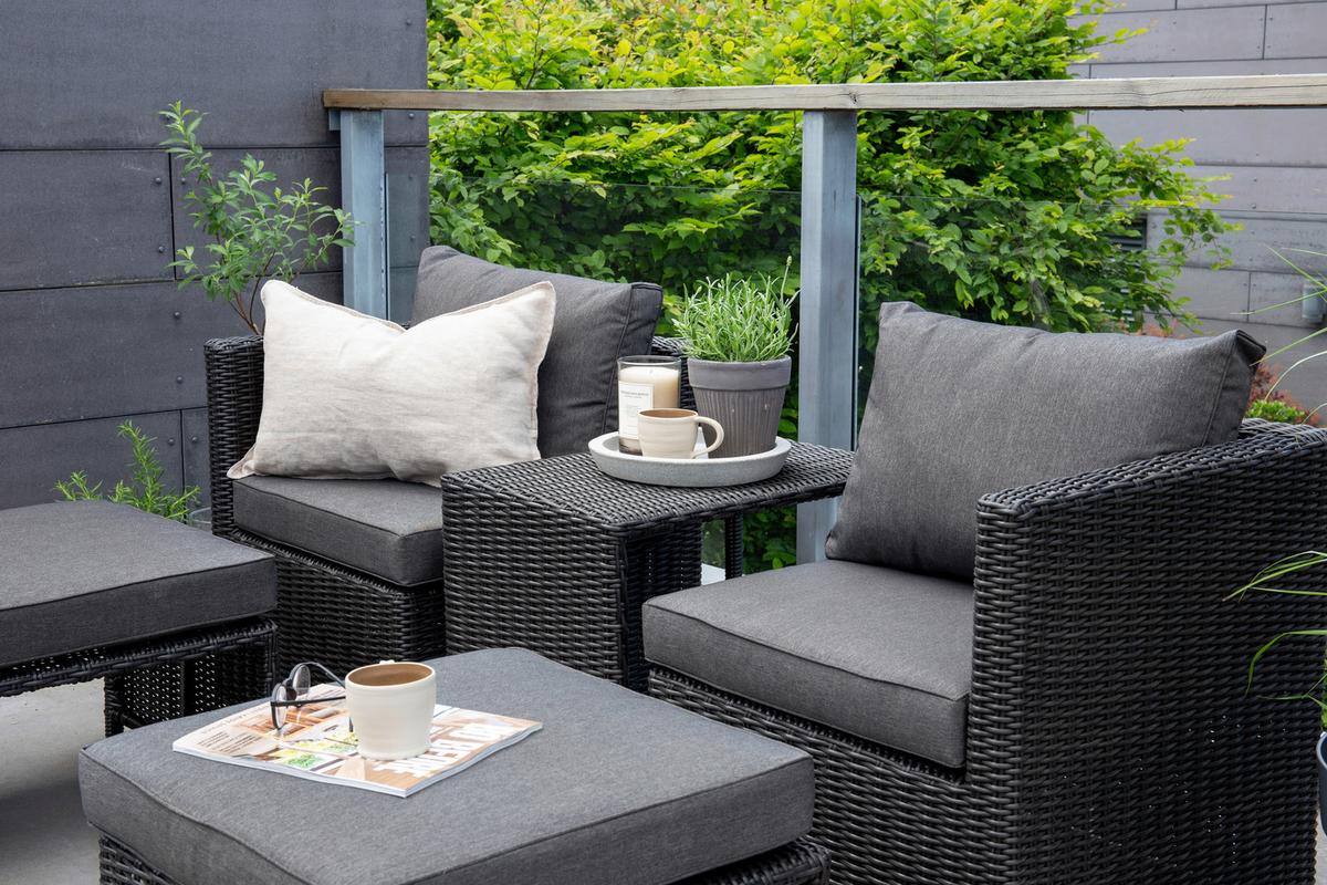 Gartenmöbel Set 5-Tlg. Quad Kunststoffgeflecht mit Kissen - Schwarz/Grau, KONVENTIONELL, Kunststoff/Metall - Gardenson