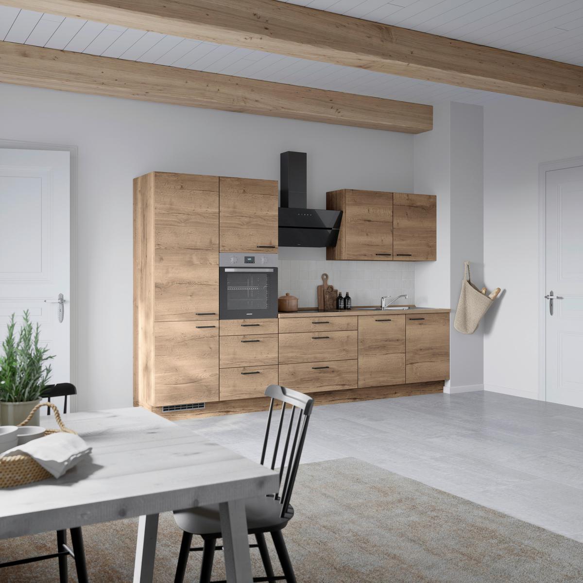 Kuchyňská linka 330 cm, dekor dub Havanna - černá/tmavý dub, Moderní, kov/kompozitní dřevo (330cm) - Nobilia