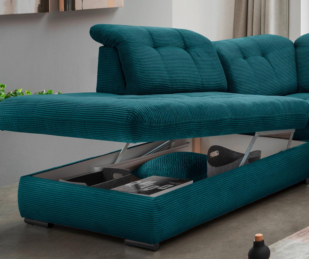 Wohnlandschaft mit Bettkasten Rigatti Petrol B: 387 cm - Petrol/Schwarz, MODERN, Textil (252/387/184cm) - Livetastic