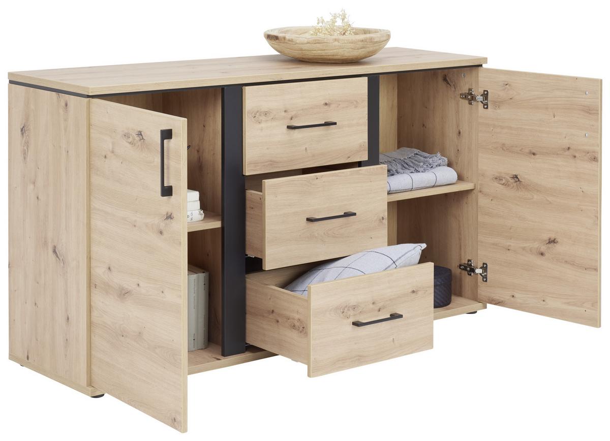 ŠIROKÁ KOMODA NATURE - barvy dubu/černá, Konvenční, kov/kompozitní dřevo (145/84/42cm)