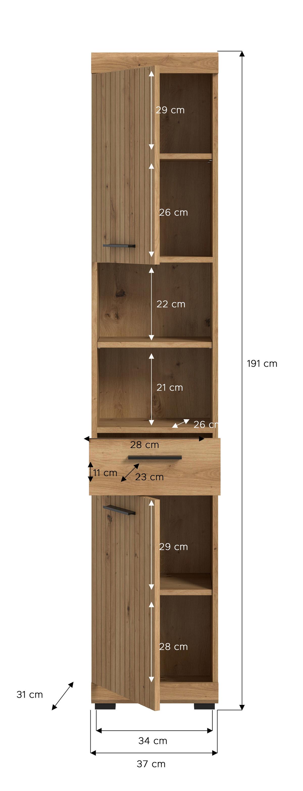 Hochschrank Scout Eiche Artisan Dekor B: 37cm - Schwarz/Eiche Artisan, Trend, Holzwerkstoff (37/191/31cm) - MID.YOU