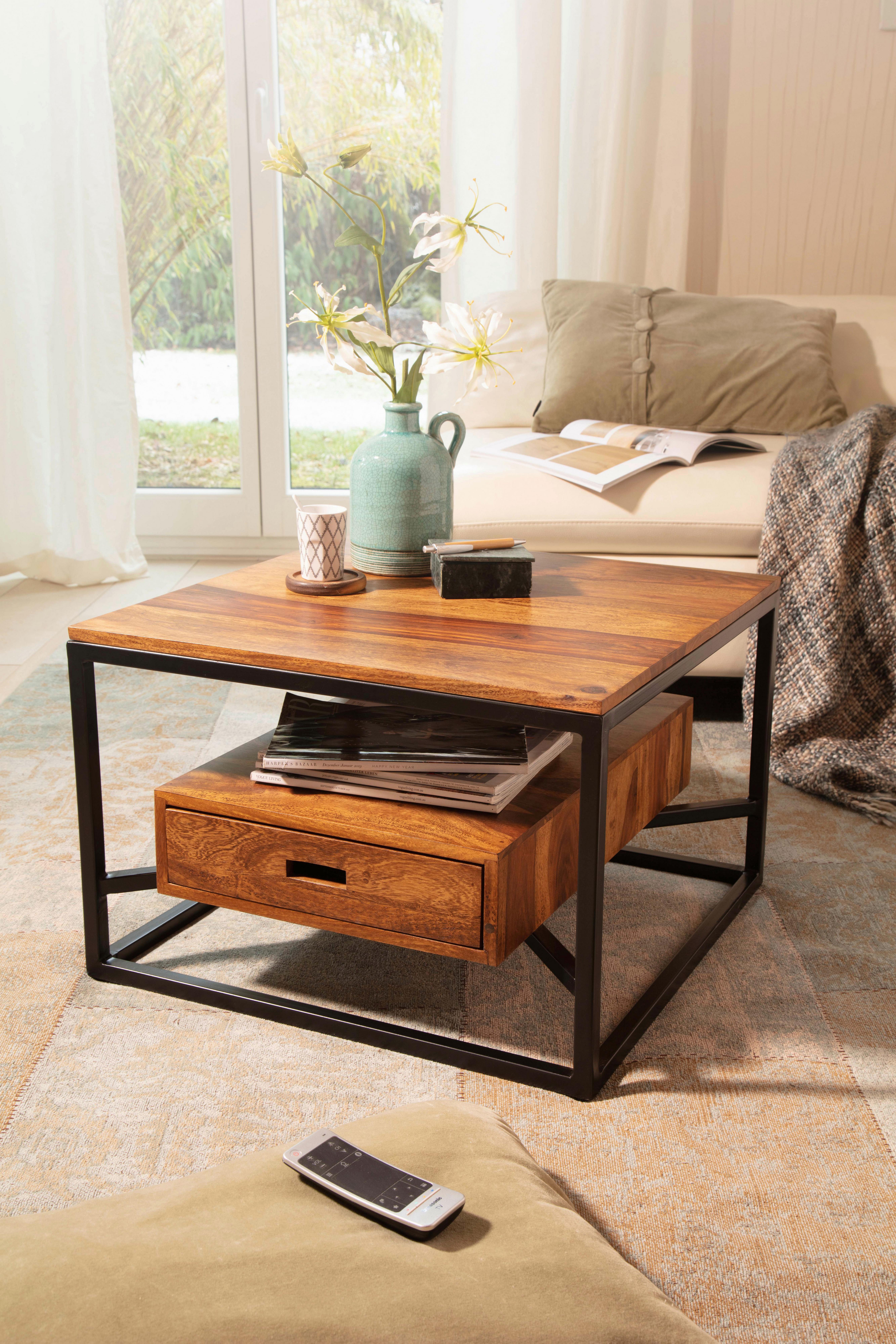 Couchtisch Sheesham B: 60 cm inkl. Lade - Sheeshamfarben/Schwarz, Design, Holz/Metall (60/60/40cm) - MID.YOU