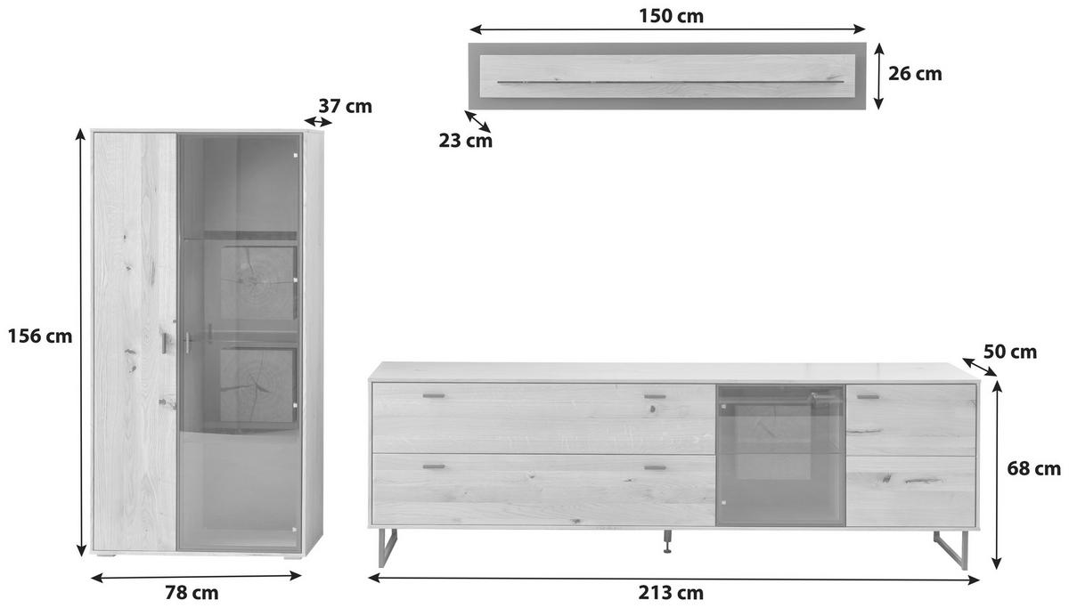 Wohnkombination Wildeiche Dekor Assini 3 -Teilig Wildeiche - Wildeiche/Schwarz, Design, Glas/Holz (306/188/50cm) - MID.YOU