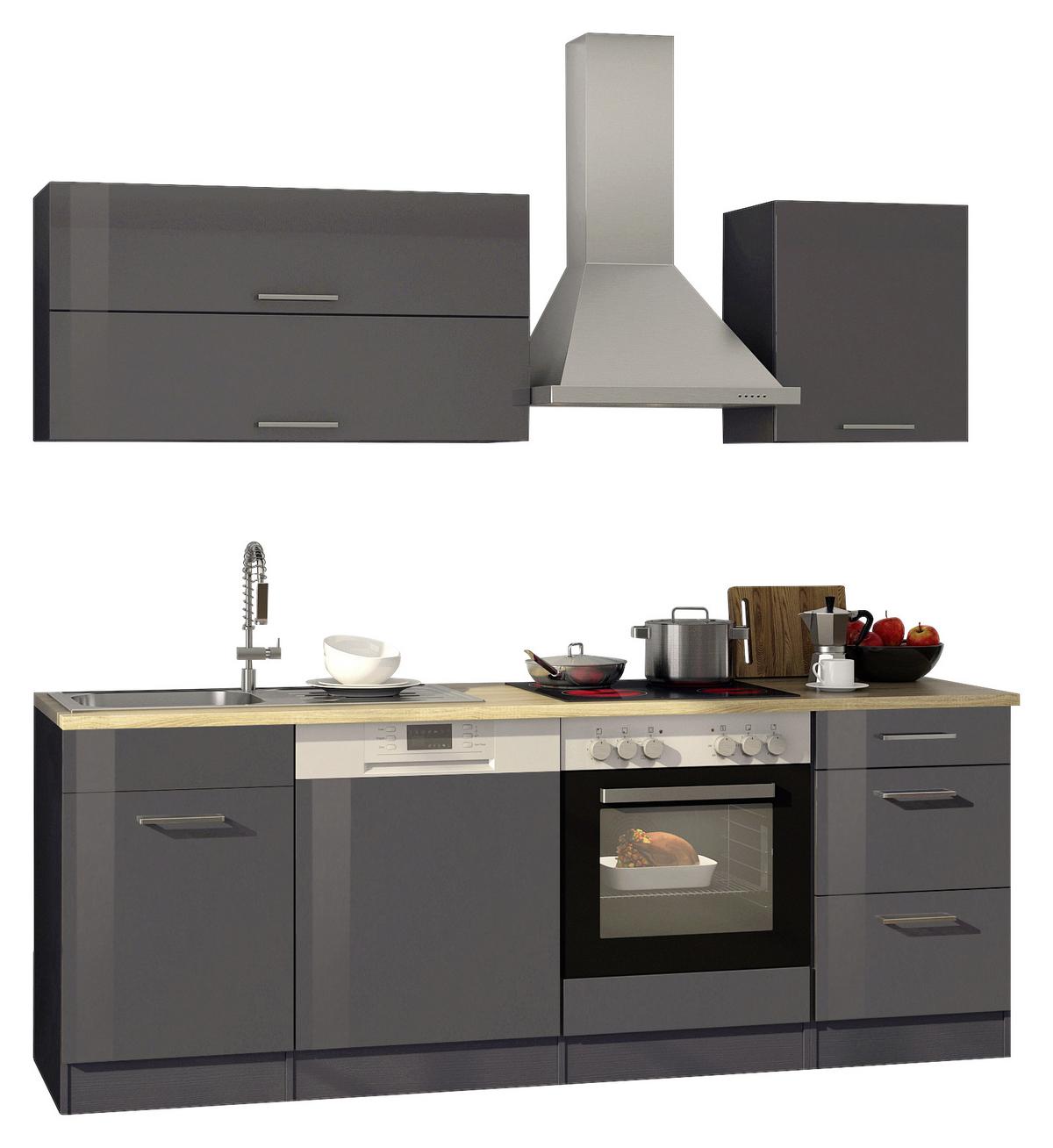Küchenzeile Mailand mit Geräten 220 cm Anthrazit Hochglanz - Eichefarben/Anthrazit, MODERN, Holzwerkstoff (220cm) - Held